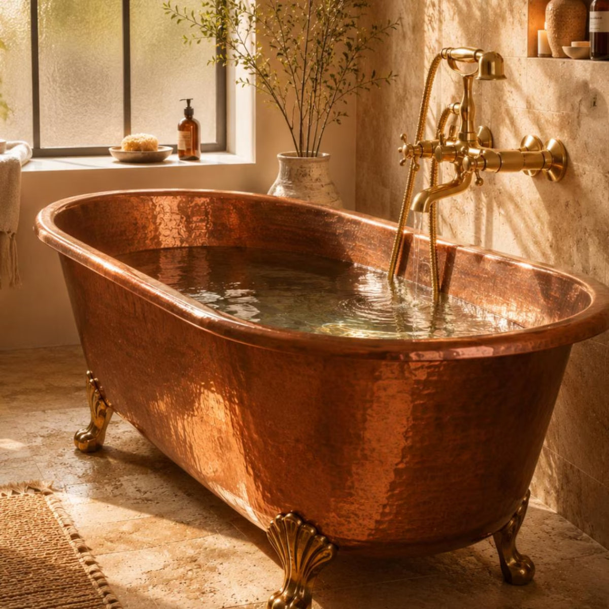 Freistehende Kupferbadewanne in einem hellen Badezimmer im Vintage-Stil