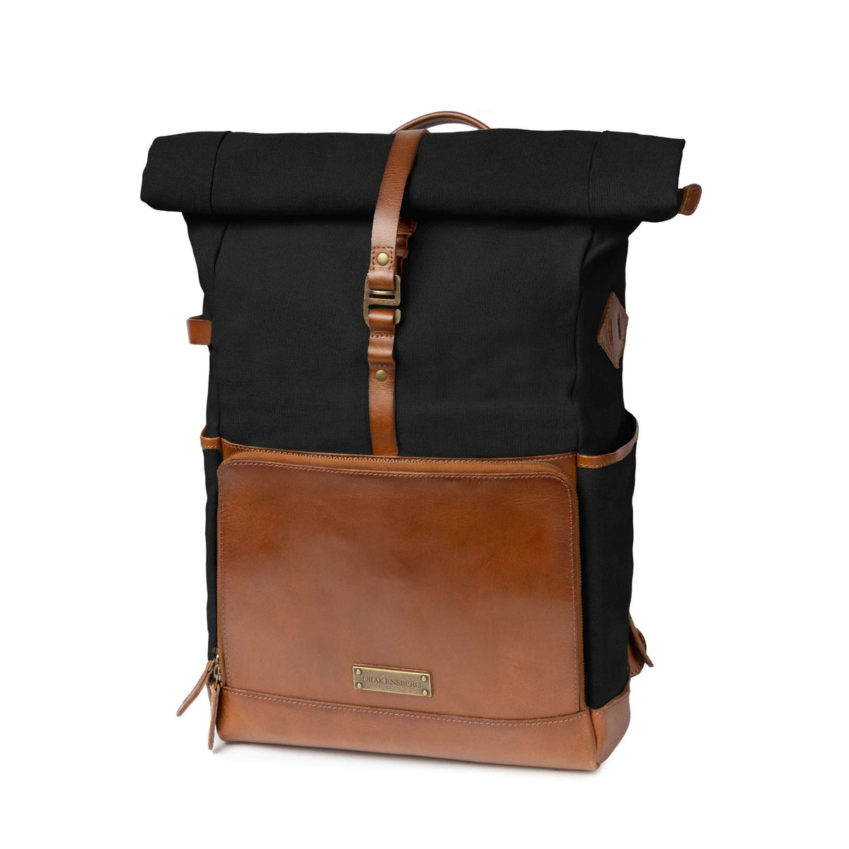 Sac à dos ordinateur Arthur en toile et cuir Noir – vue de trois quarts avec rolltop et poche avant