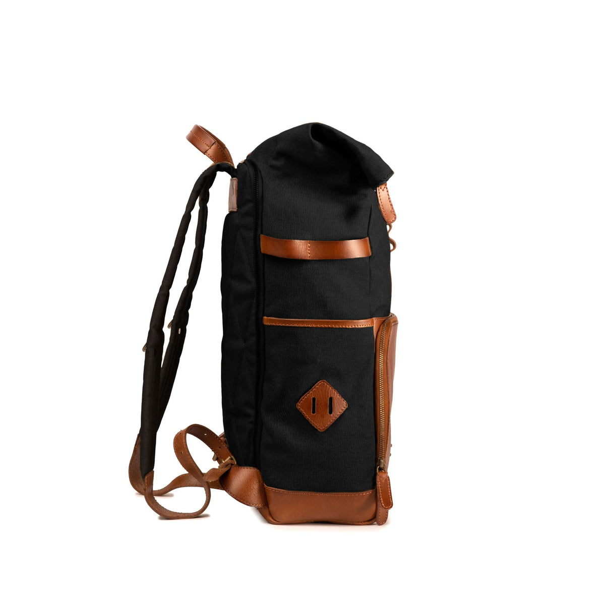 Sac à dos ordinateur Arthur en toile et cuir Noir – vue de côté avec poche pour gourde et bretelles