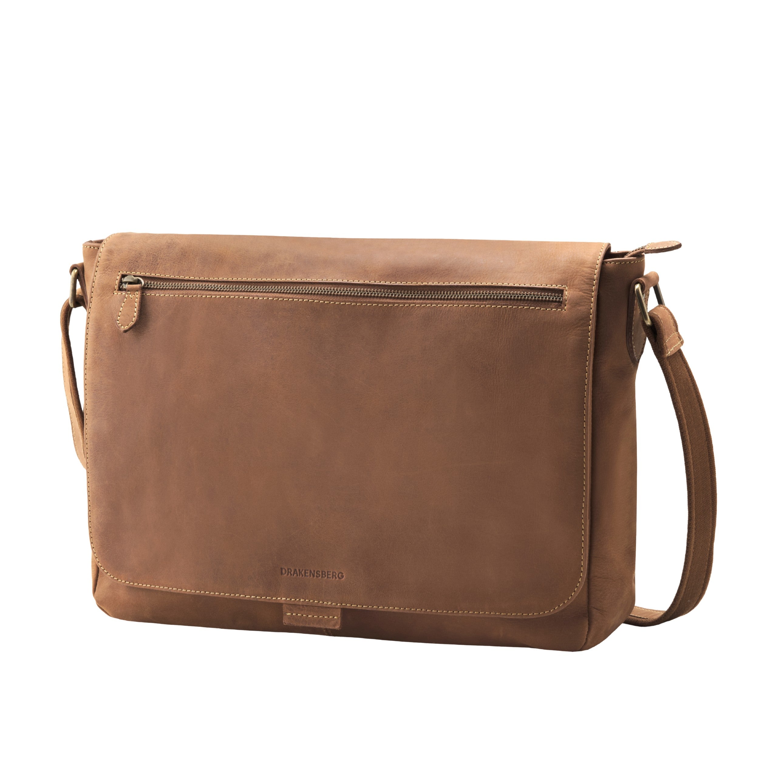 DRAKENSBERG Messenger Bag Leon mit 16" Laptopfach und Trolley Strap, Kuriertasche Havanna Braun - Perspektive