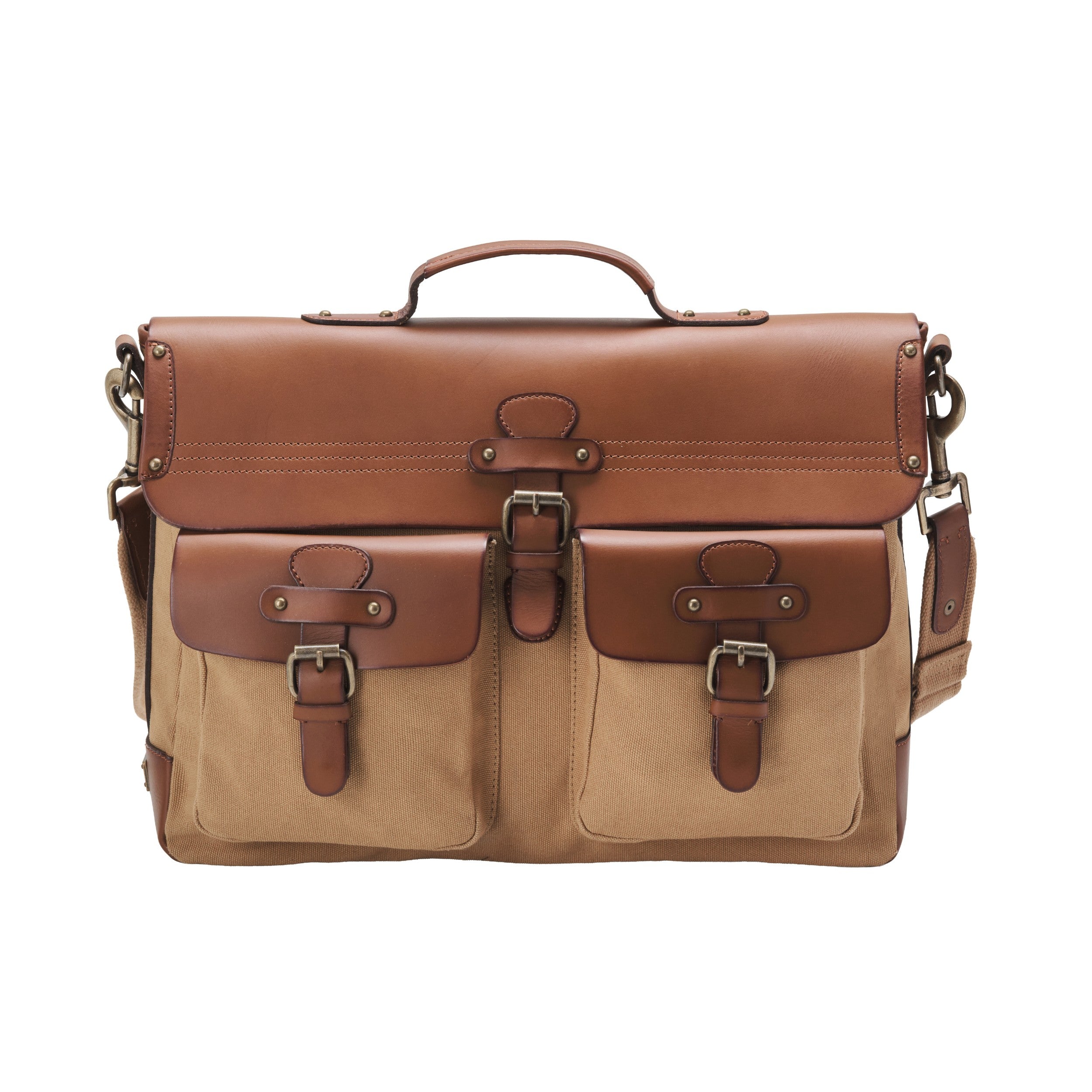 Aktentasche und Laptoptasche Herren aus Canvas und Leder, Milo, Khaki-Beige, mit 16" Laptopfach, handgemacht mit vielen Fächern - Frontale Ansicht der Vorderseite