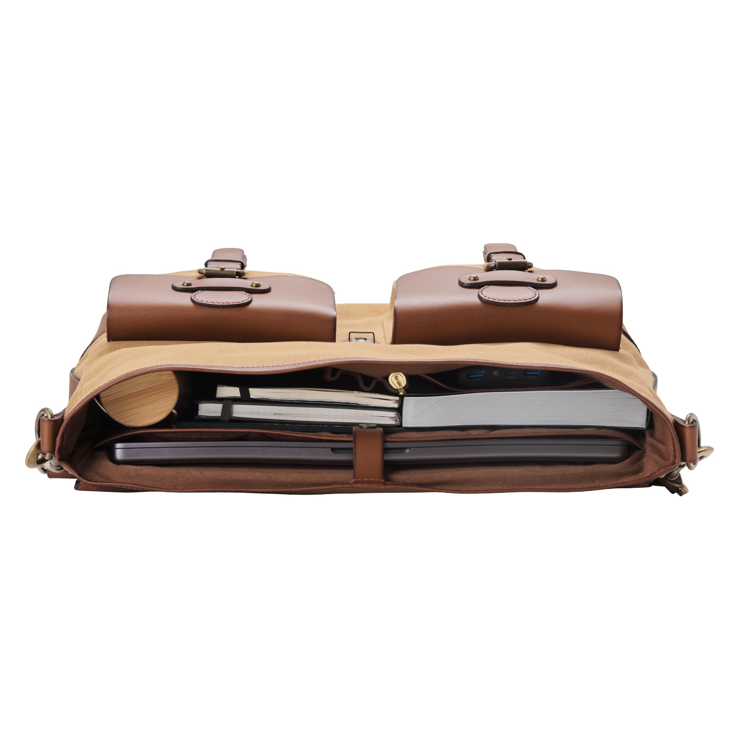 Aktentasche und Laptoptasche Herren aus Canvas und Leder, Milo, Khaki-Beige, handgemacht mit vielen Fächern - Innenansicht mit 16" Laptopfach