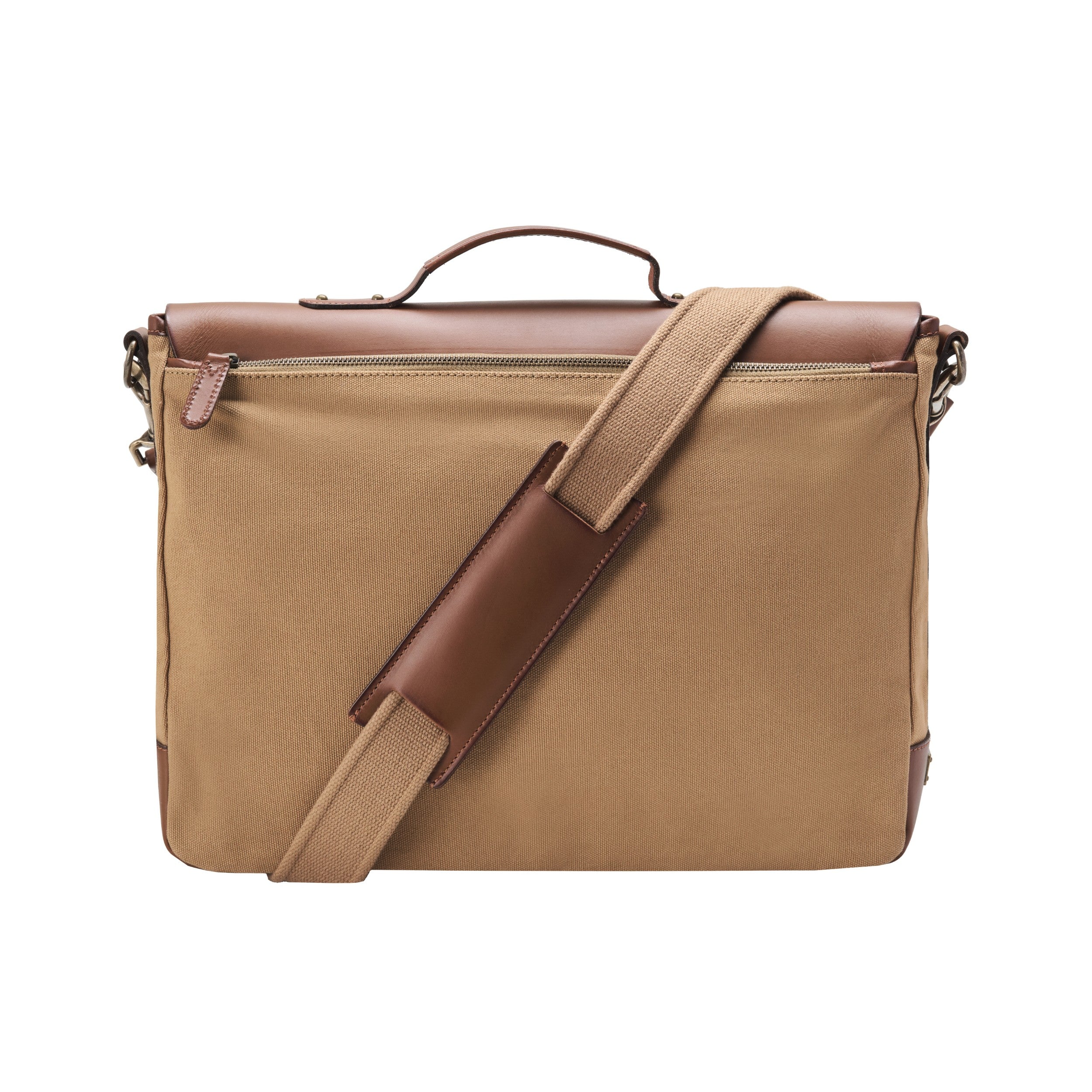 Aktentasche und Laptoptasche Herren aus Canvas und Leder, Milo, Khaki-Beige, mit 16" Laptopfach, handgemacht mit vielen Fächern - Rückseite mit Schultergurt