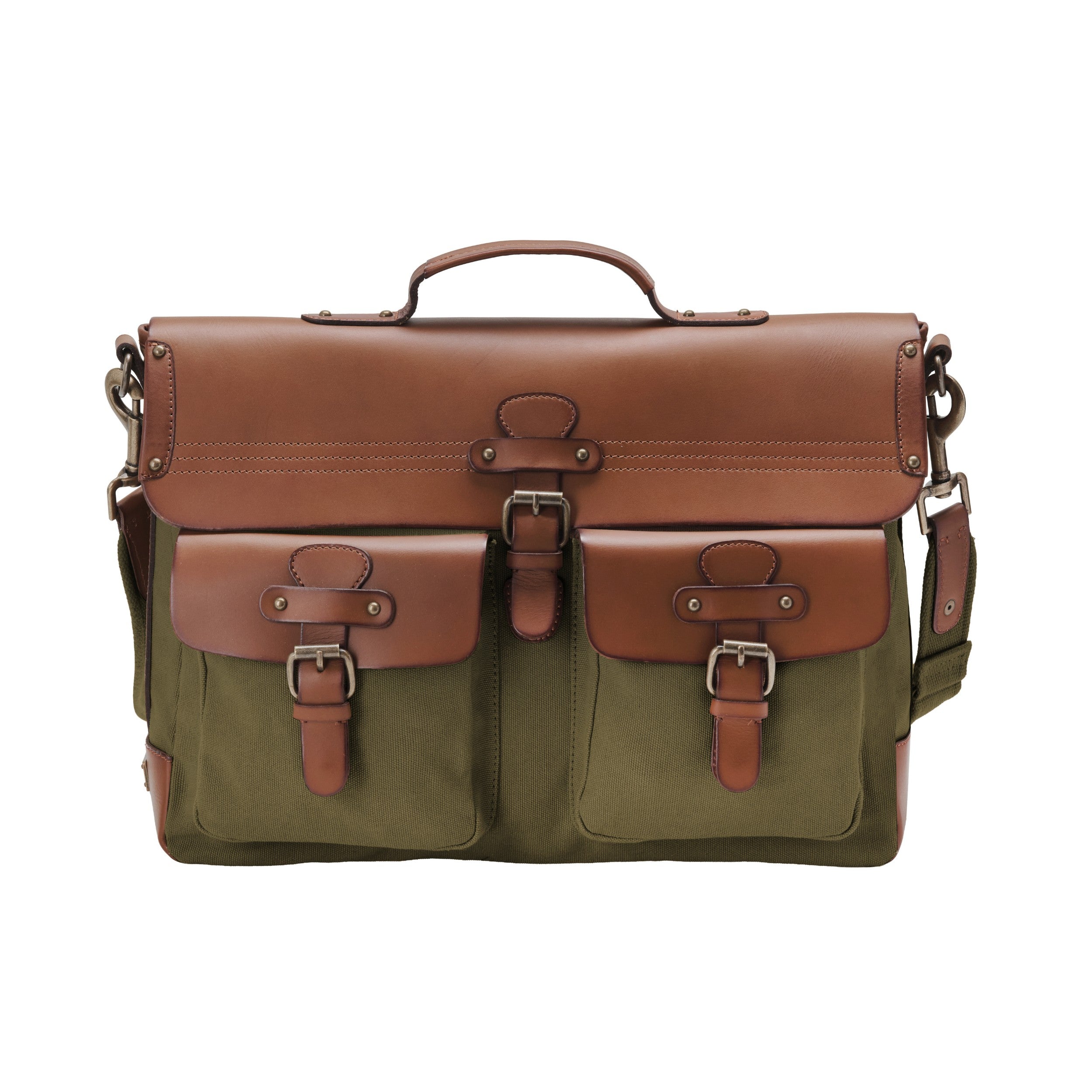 Aktentasche und Laptoptasche Herren aus Canvas und Leder, Milo, Oliv-Grün, mit 16" Laptopfach, handgemacht mit vielen Fächern - Frontale Ansicht der Vorderseite