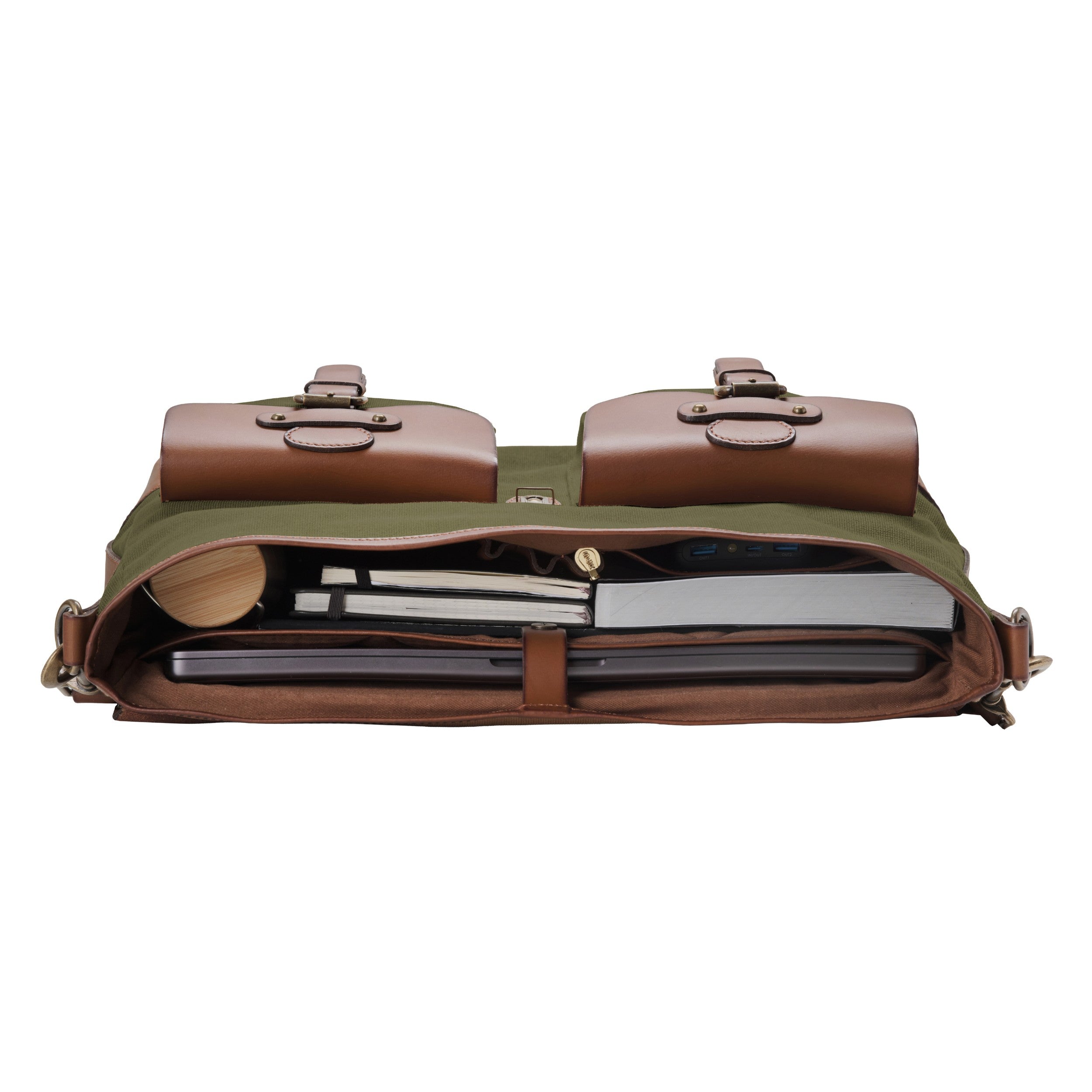 Aktentasche und Laptoptasche Herren aus Canvas und Leder, Milo, Oliv-Grün, handgemacht mit vielen Fächern - Innenansicht mit 16" Laptopfach