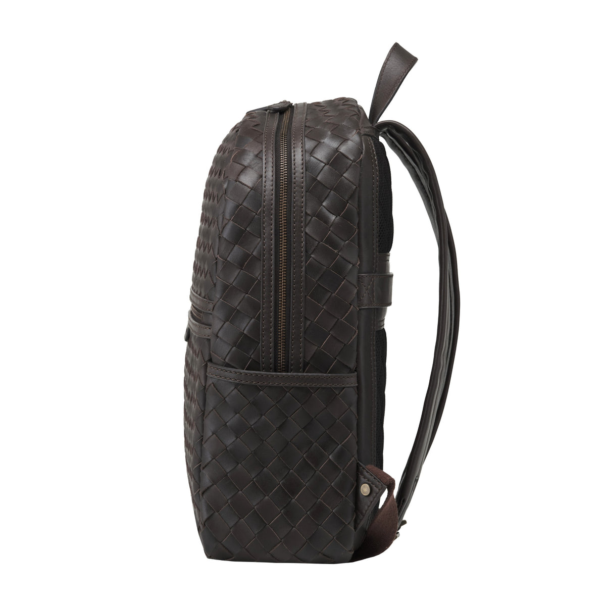 Milan woven leather backpack in Truffle Brown – side view
