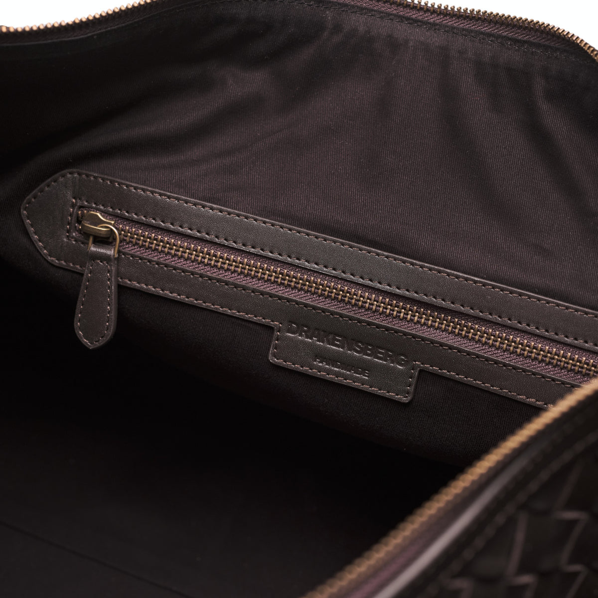 James (50) woven leather weekender in Truffle Brown with internal zipped pocket