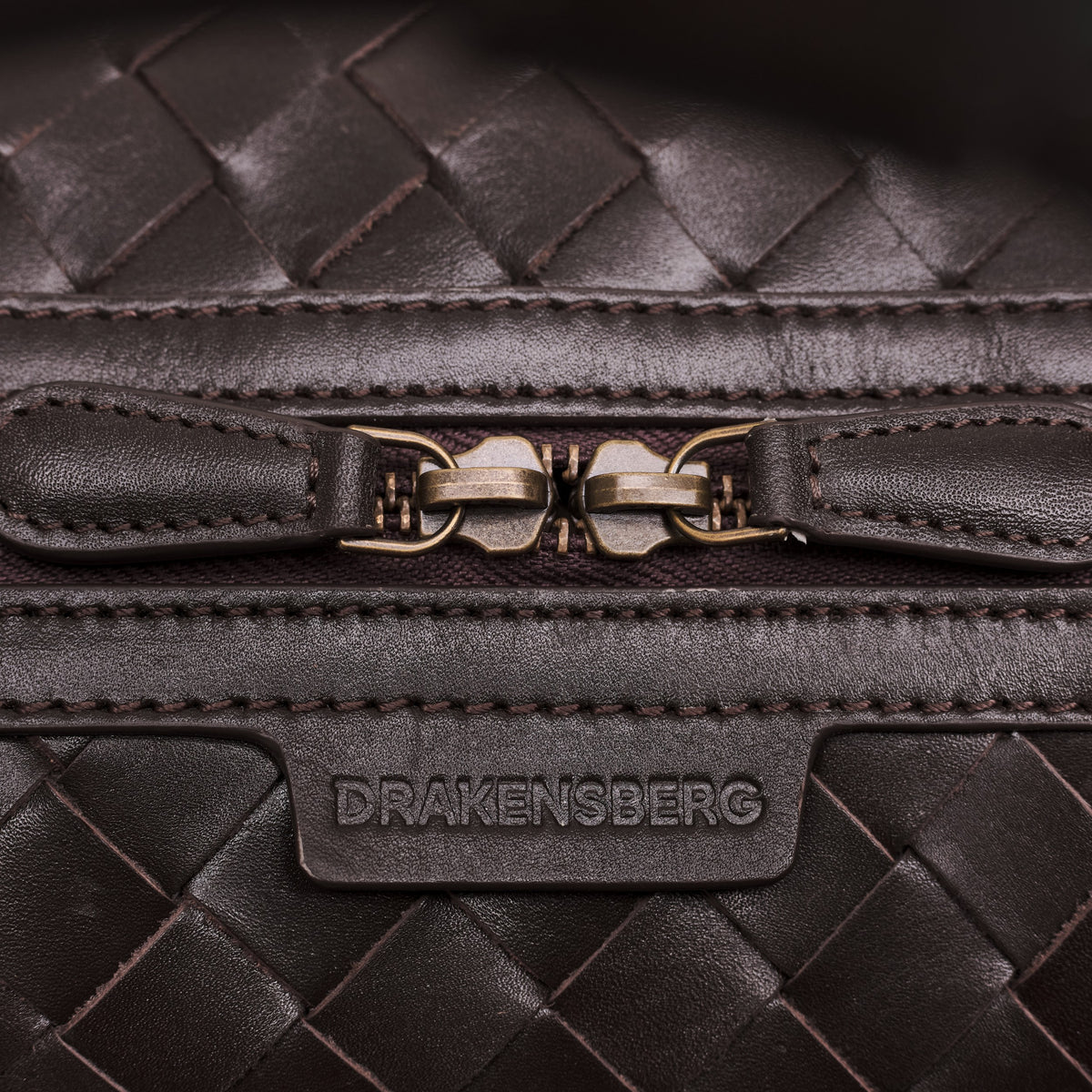 James (50) woven leather weekender in Truffle Brown with double zip and logo detail