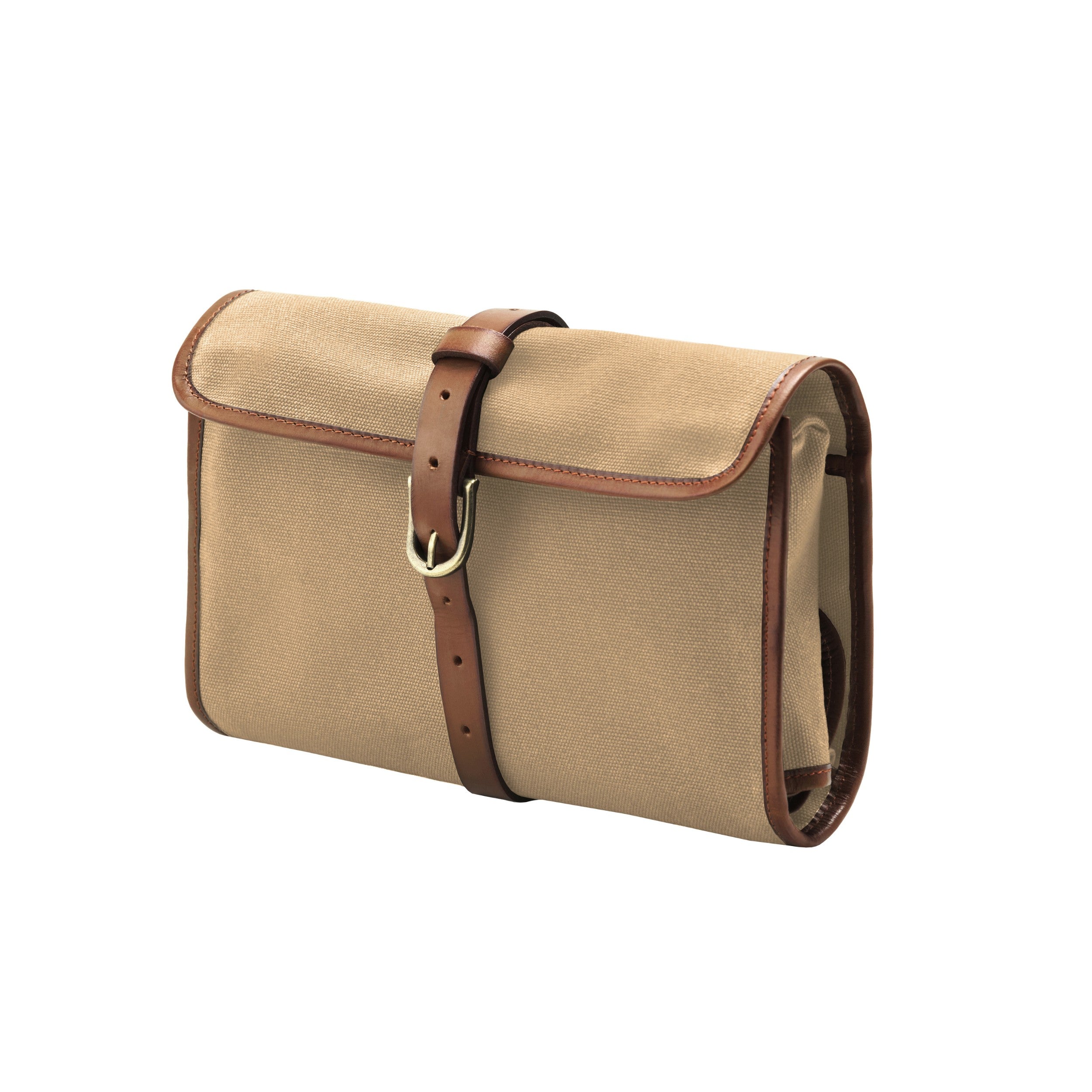 DR00166 - Kulturbeutel zum Aufhängen »Sid« Baumwolle & Leder, Vintage | Khaki-Beige, zusammengerollt