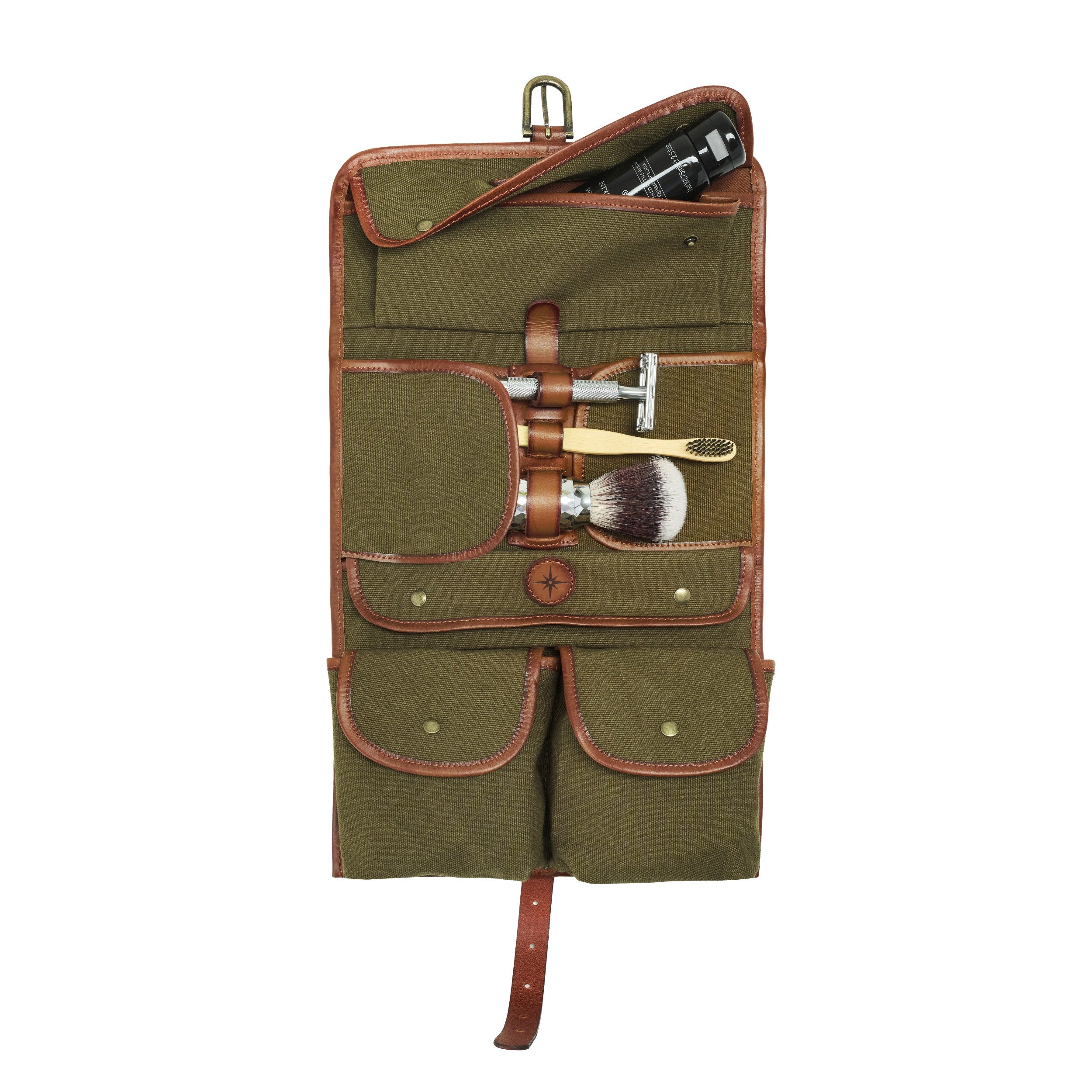 DR00176 - Kulturbeutel zum Aufhängen »Sid« Baumwolle & Leder, Vintage | Oliv-Grün, Hauptansicht
