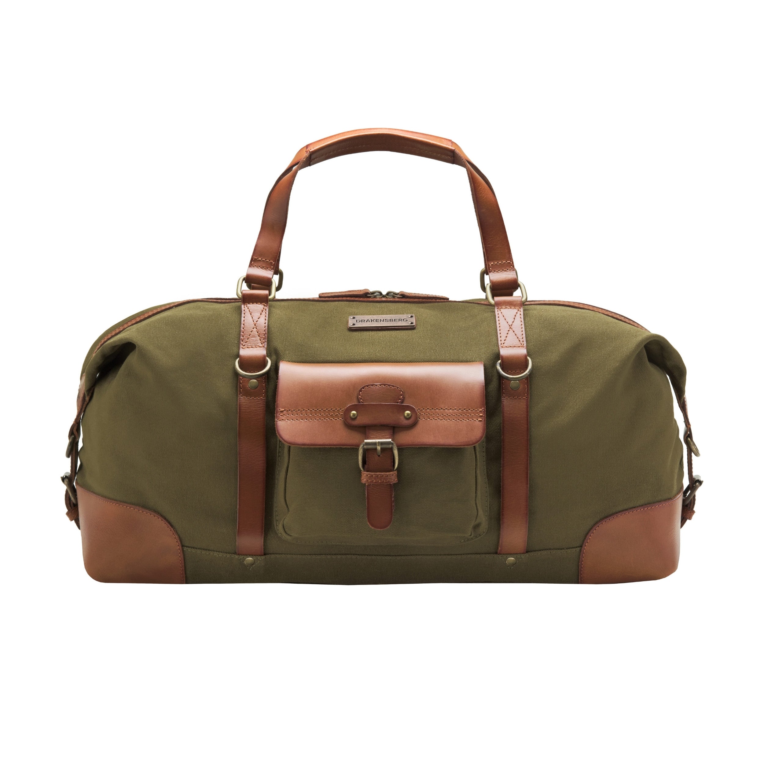DR00143 - Baumwolle Leder Reisetasche »Sam« im Safari-Vintage-Style | Oliv-Grün, Front Laschen geschlossen