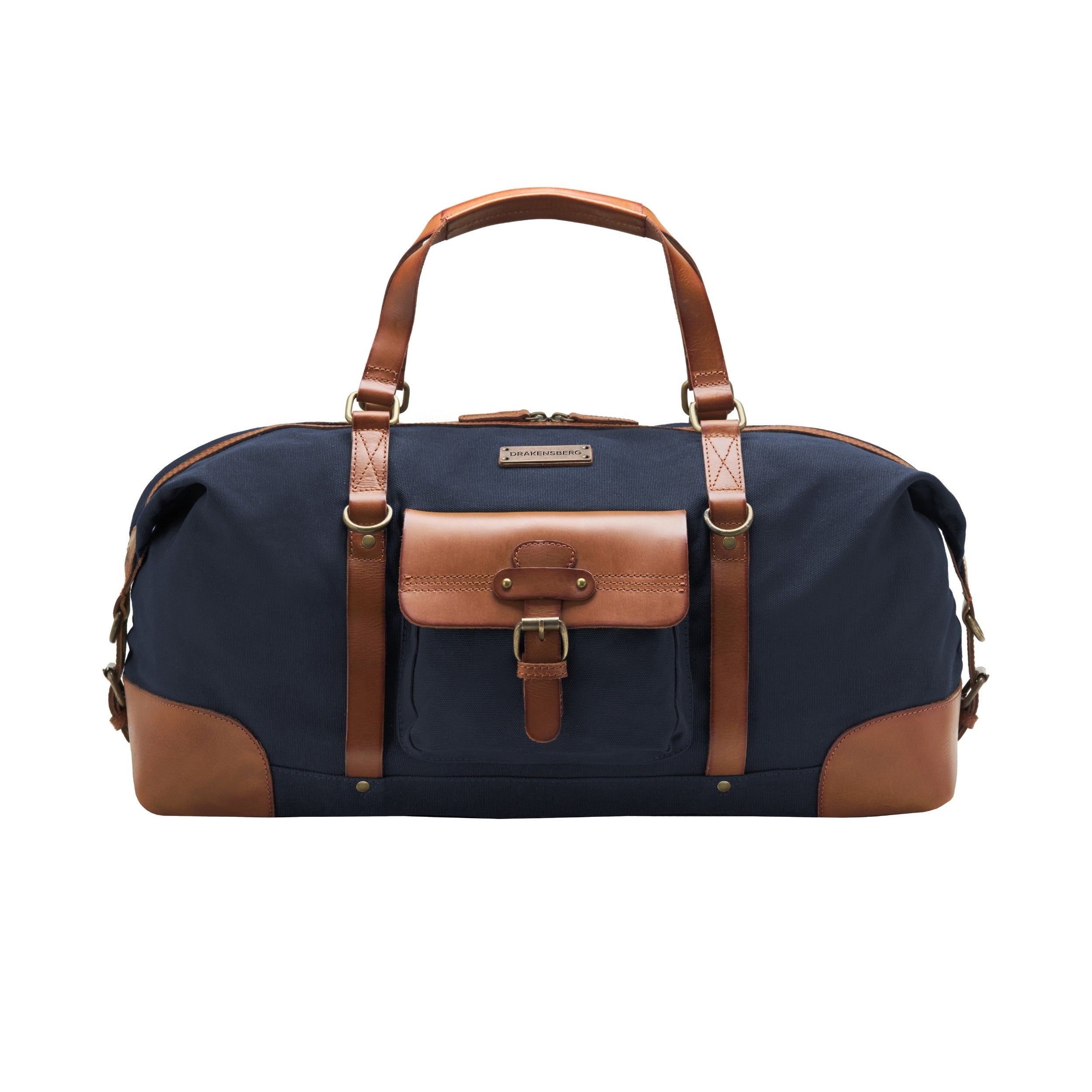 DR00153 - Baumwolle Leder Reisetasche »Sam« im Safari-Vintage-Style | Marine-Blau, Front Laschen geschlossen