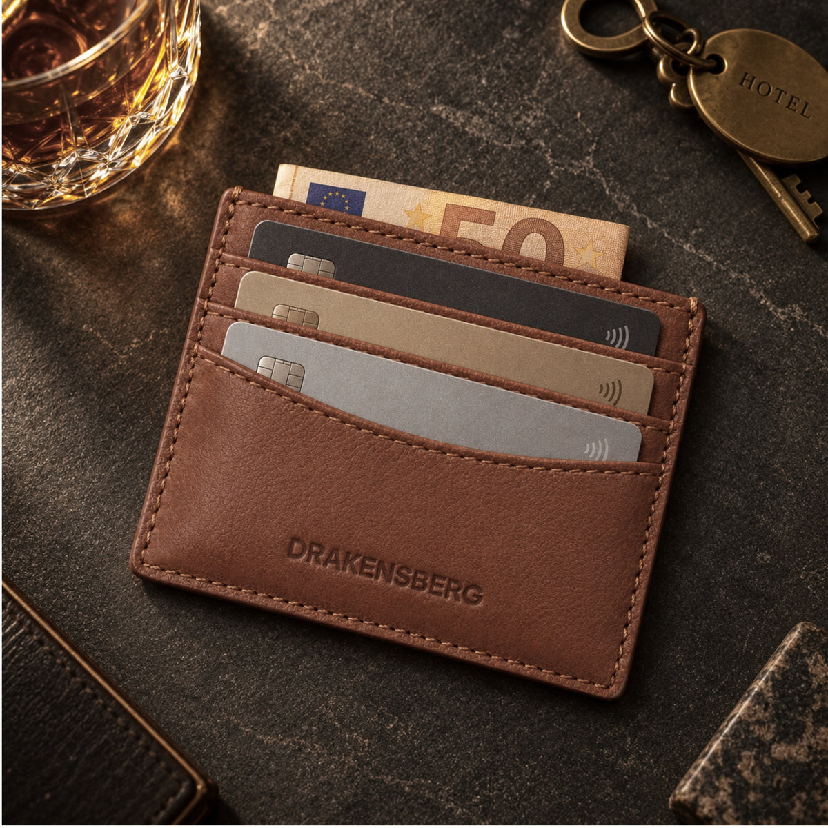 Blake leather card holder in Chestnut Brown with cards and a folded banknote on a dark surface