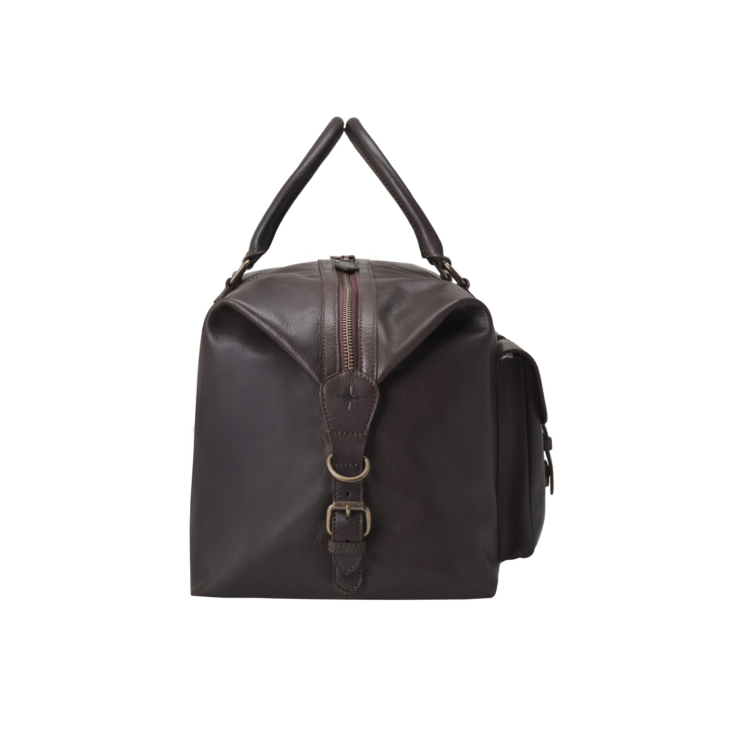 DRAKENSBERG Leder-Reisetasche Ray in Dunkelbraun, handgefertigt aus robustem Büffelleder - Seite mit Schnalle