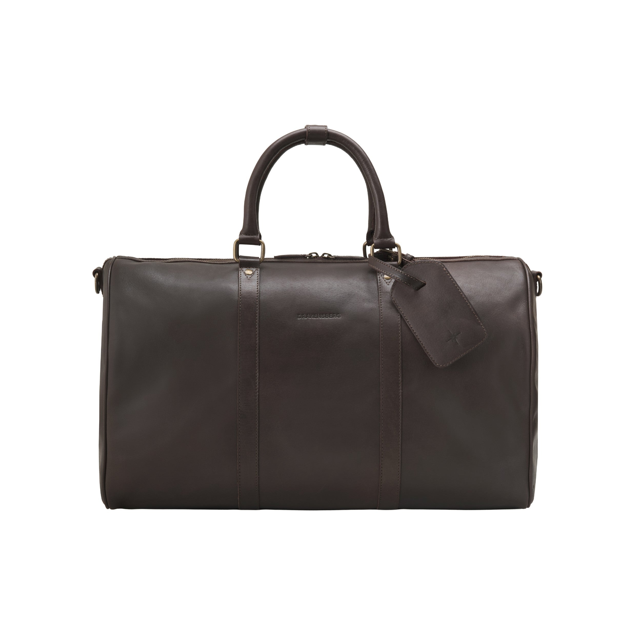 DRAKENSBERG Weekender aus Leder für Herren und Damen in Dunkelbraun – handgefertigte Reisetasche aus Büffelleder - Frontale Ansicht