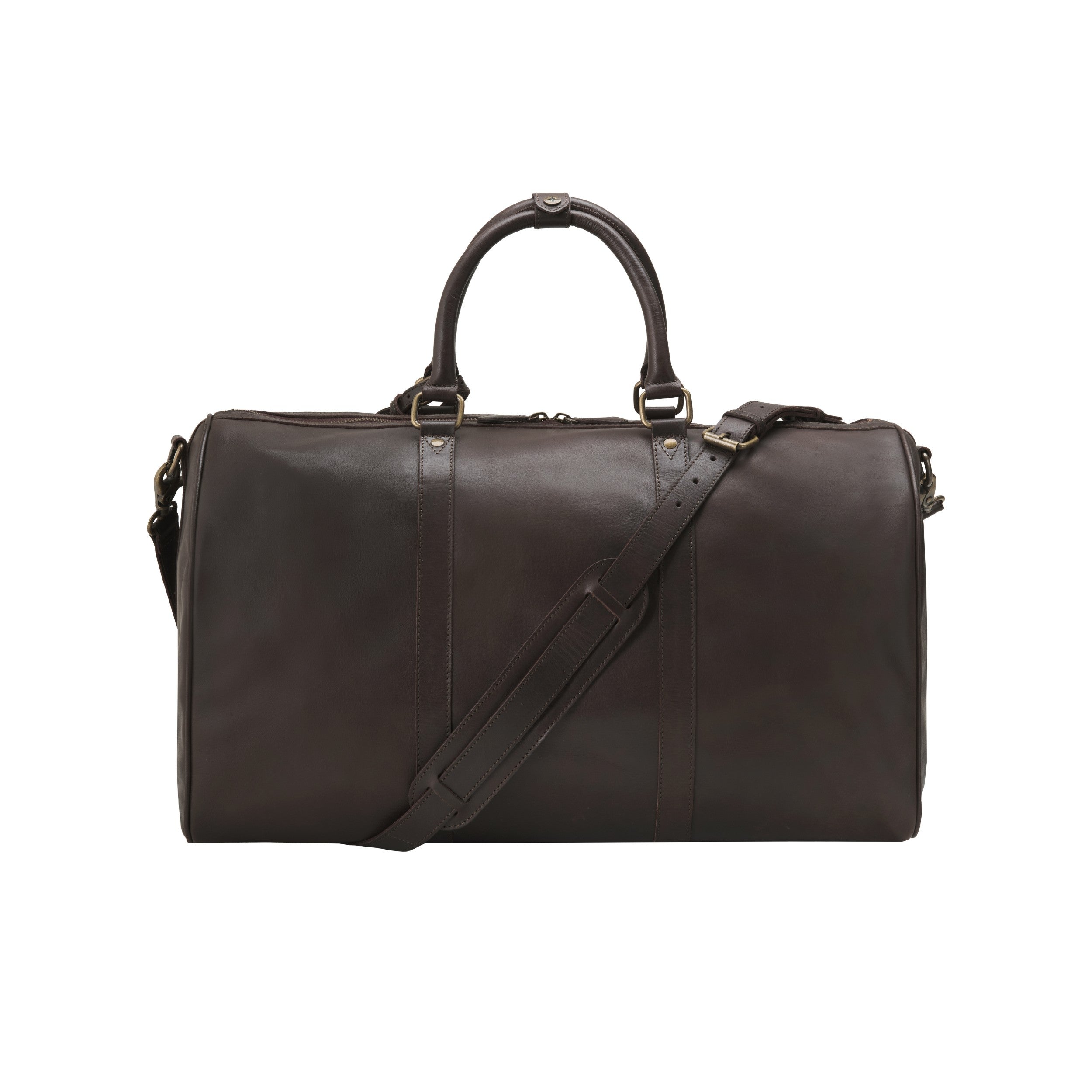 DRAKENSBERG Weekender aus Leder für Herren und Damen in Dunkelbraun – handgefertigte Reisetasche aus Büffelleder - Rückseite mit Tragegurt