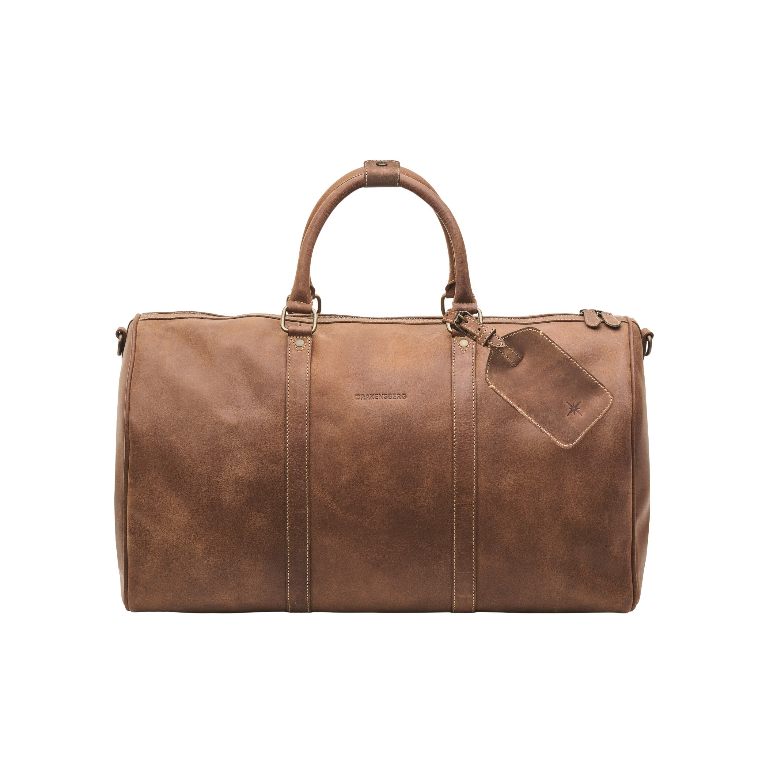 DRAKENSBERG Leder Weekender James 50 für Herren und Damen in Havanna-Braun – handgefertigte Reisetasche - Frontale Aufnahme - IATA-Handgepäck