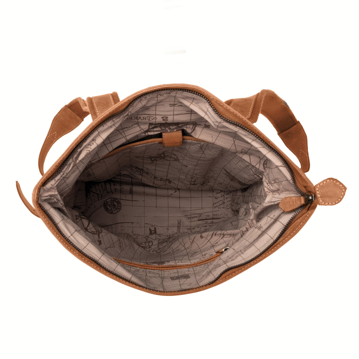 Ryan leather rolltop backpack in Cognac Brown – open backpack showing the interior