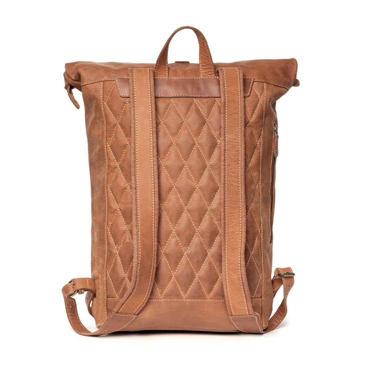 Ryan leather rolltop backpack in Cognac Brown – padded back with Diamond-Stitch quilting