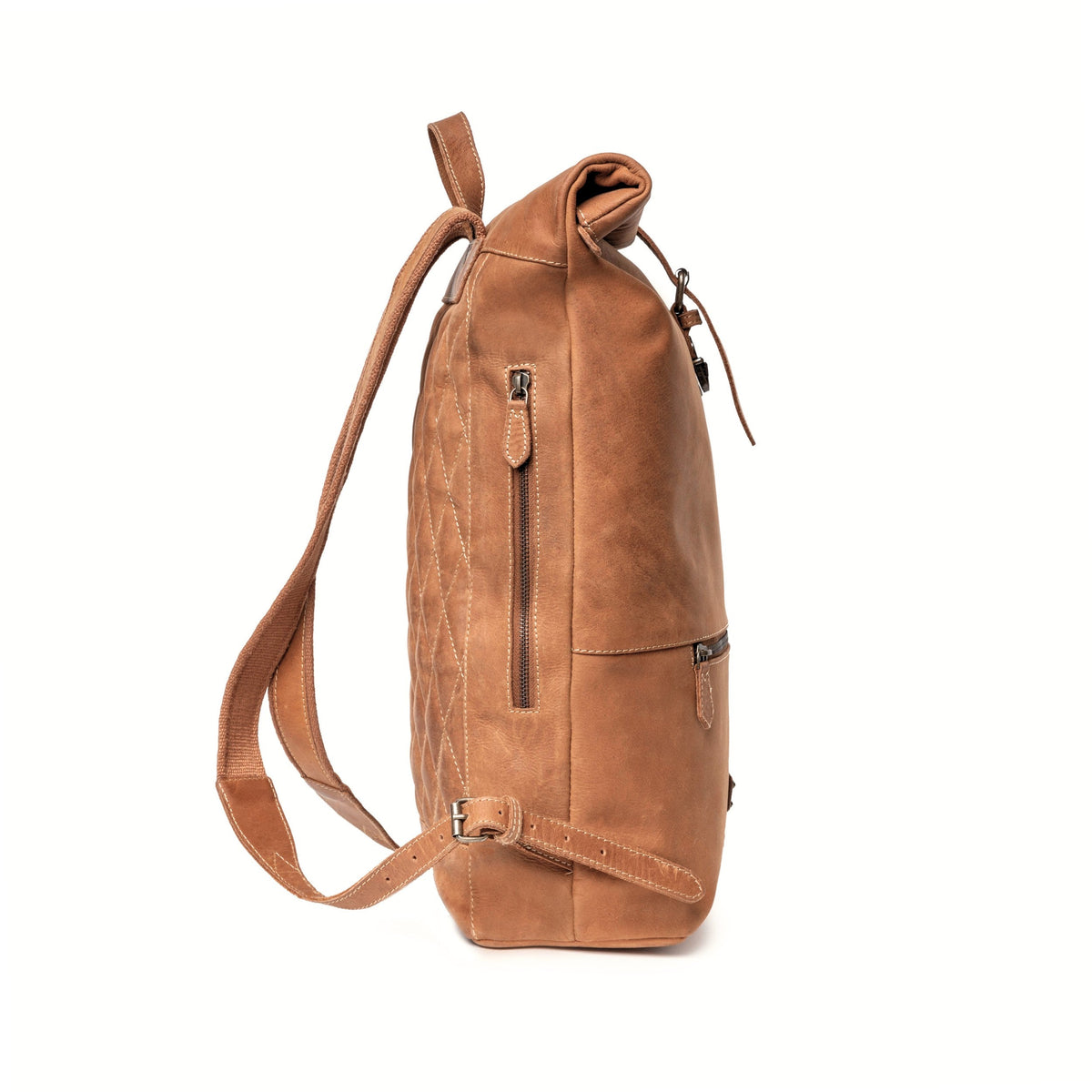 Ryan leather rolltop backpack in Cognac Brown – side view