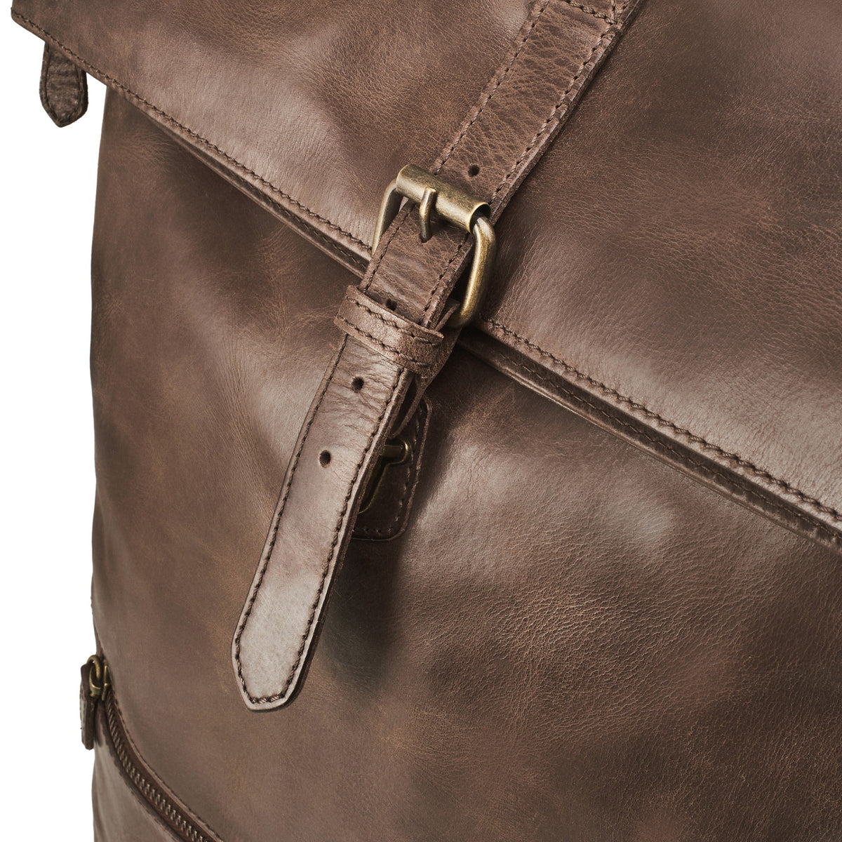 Ryan leather rolltop backpack in Coffee Brown – leather strap and metal buckle on the rolltop