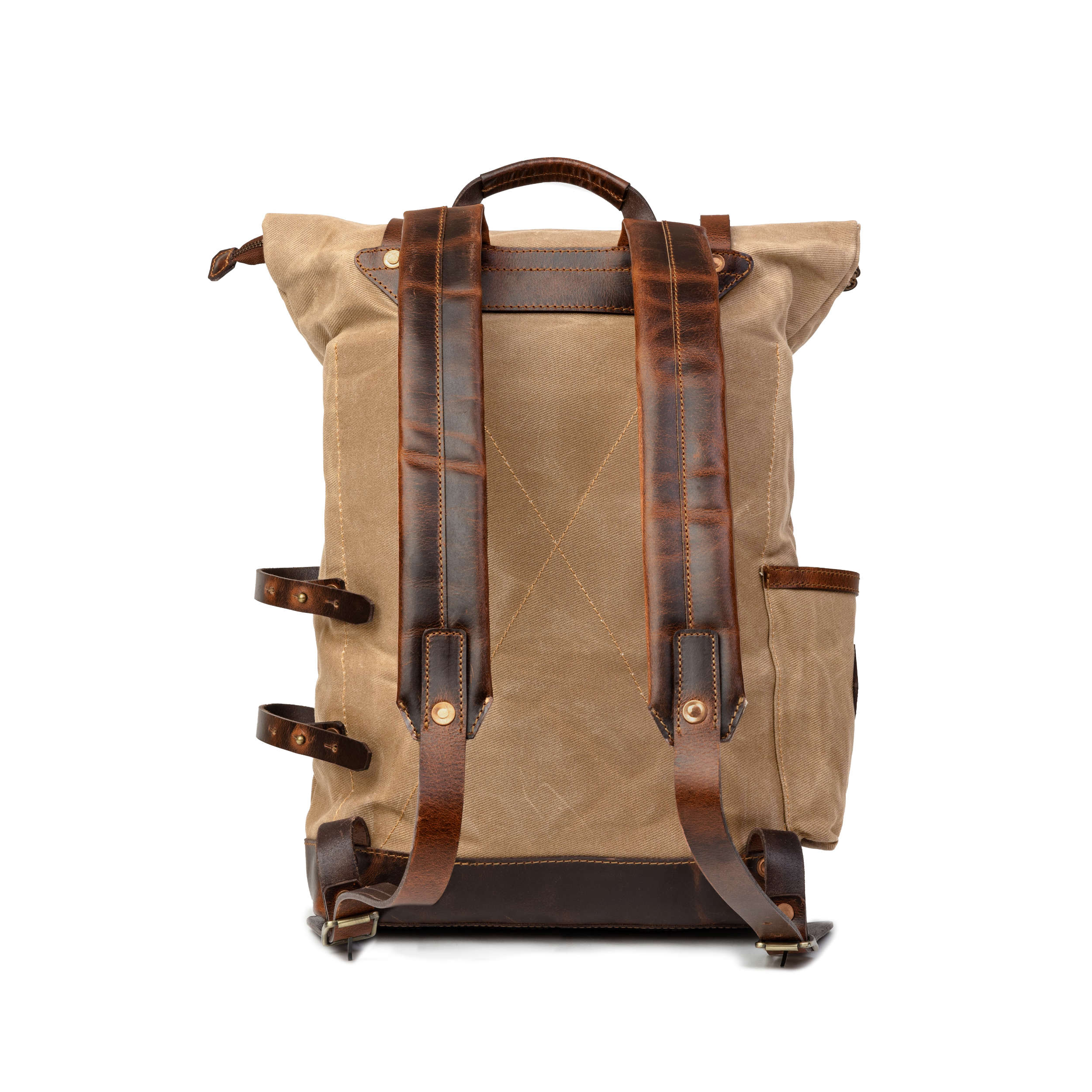 DR00607 - Rolltop Vintage Rucksack »Adam« Outdoor, wasserabweisend | Khaki-Sand, Rückseite mit Schultergurte