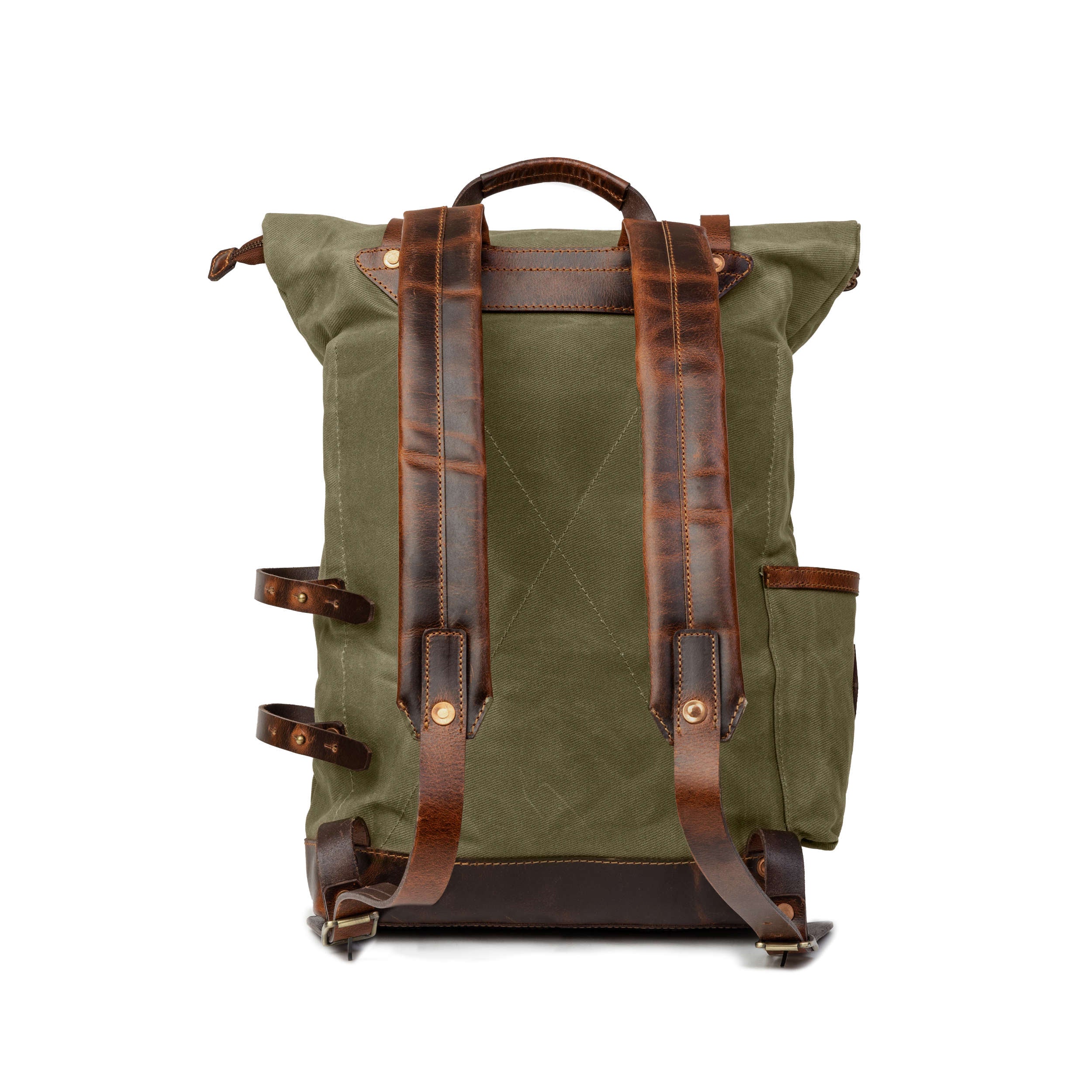DR00627 - Rolltop Vintage Rucksack »Adam« Outdoor, wasserabweisend | Wald-Grün, Rückseite mit Tragegurte