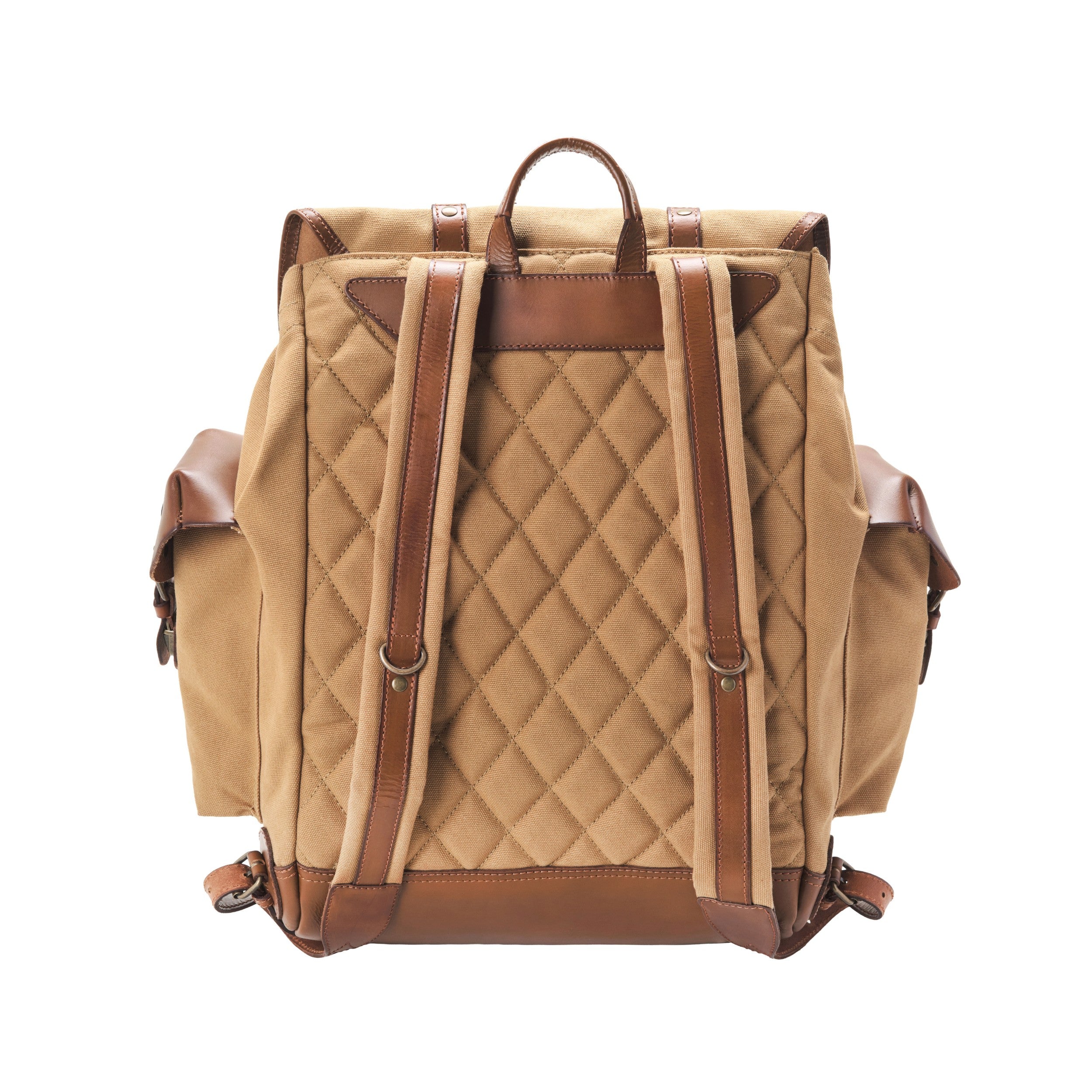 Klassischer Wanderrucksack im alpinen Vintagedesign, Khaki-Beige, Nato, bzw. Retro Bergsteiger Rucksack, handgefertigt aus Baumwoll-Canvas mit Echtleder Elementen, Design-Ikone - Rückseite mit Rauten-Steppung