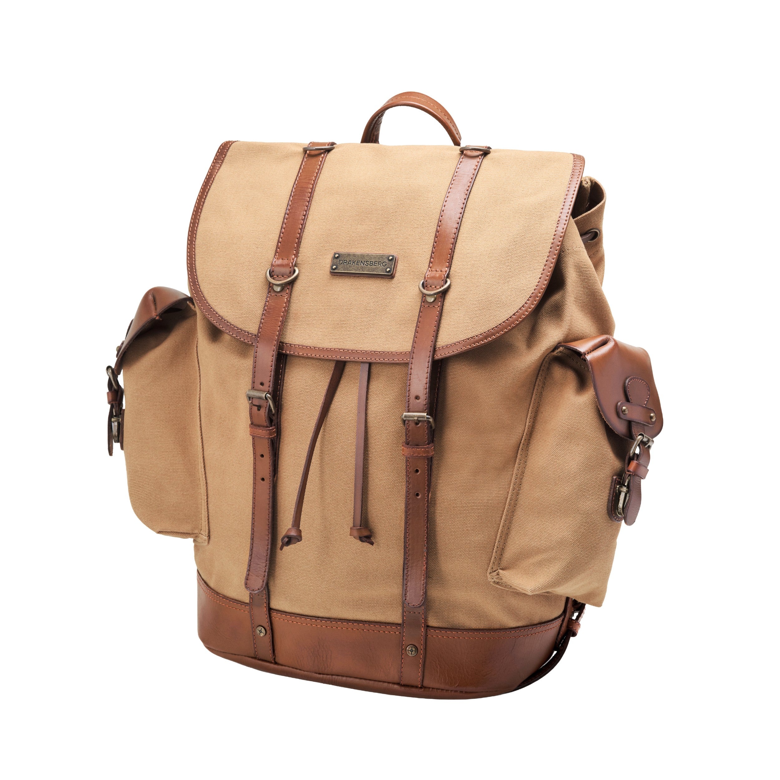 Klassischer Wanderrucksack im alpinen Vintagedesign, Khaki-Beige, Nato, bzw. Retro Bergsteiger Rucksack, handgefertigt aus Baumwoll-Canvas mit Echtleder Elementen, Design-Ikone - Frontale Perspektive