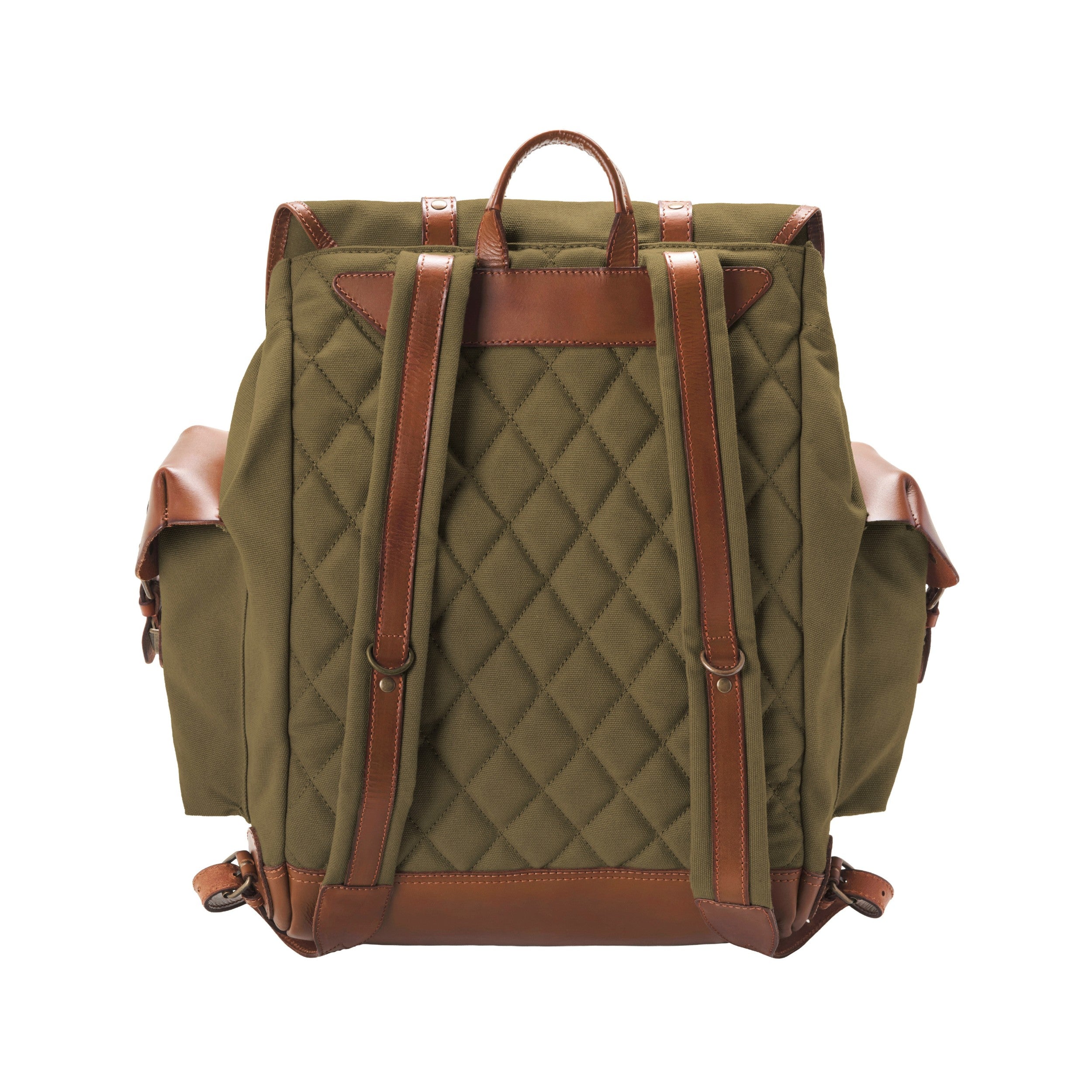 Klassischer Wanderrucksack im alpinen Vintagedesign, Oliv-Grün, Nato, bzw. Retro Bergsteiger Rucksack, handgefertigt aus Baumwoll-Canvas mit Echtleder Elementen, Design-Ikone - Rückseite mit Rauten-Steppung