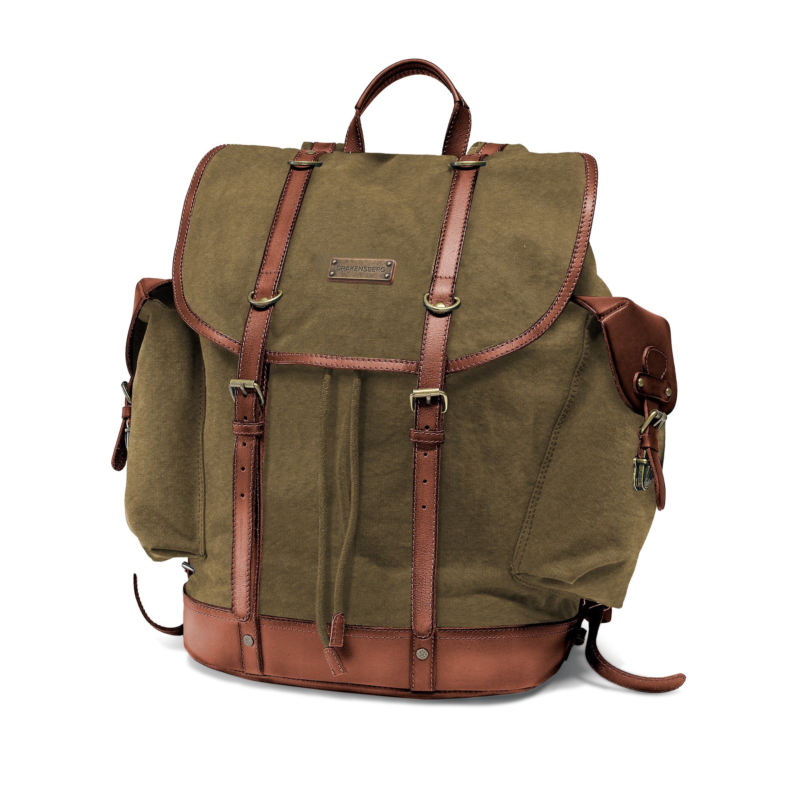 Klassischer Wanderrucksack im alpinen Vintagedesign, Oliv-Grün, Nato, bzw. Retro Bergsteiger Rucksack, handgefertigt aus Baumwoll-Canvas mit Echtleder Elementen, Design-Ikone - Frontale Perspektive
