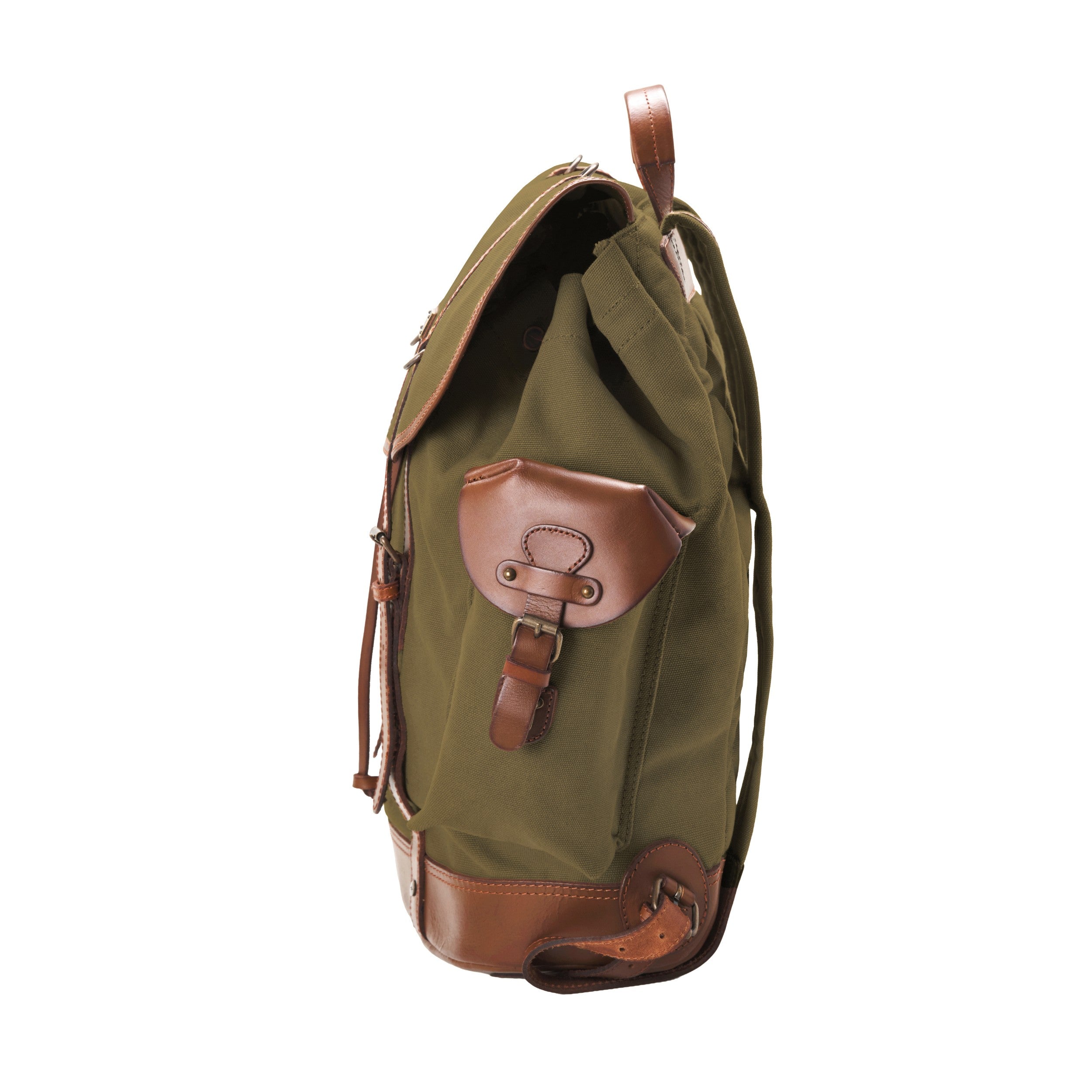 Klassischer Wanderrucksack im alpinen Vintagedesign, Oliv-Grün, Nato, bzw. Retro Bergsteiger Rucksack, handgefertigt aus Baumwoll-Canvas mit Echtleder Elementen, Design-Ikone - Seite