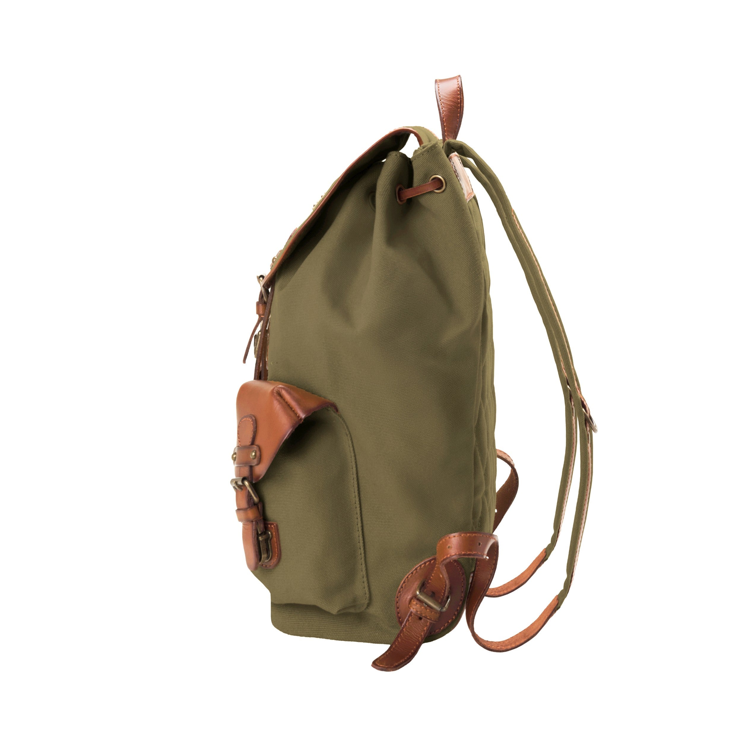 Canvas Wanderrucksack, klassisch für Damen und Herren im alpinen Vintage-Design, Farbe: Olive-Grün, Seitenansicht mit Cargotasche