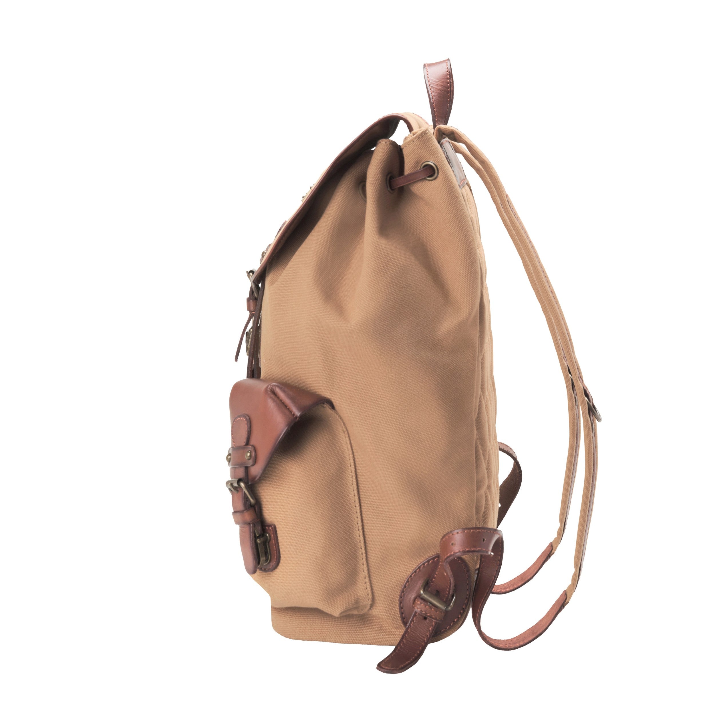 Canvas Wanderrucksack, klassisch für Damen und Herren im alpinen Vintage-Design, Farbe: Khaki-Beige, Seitenansicht mit Cargotasche