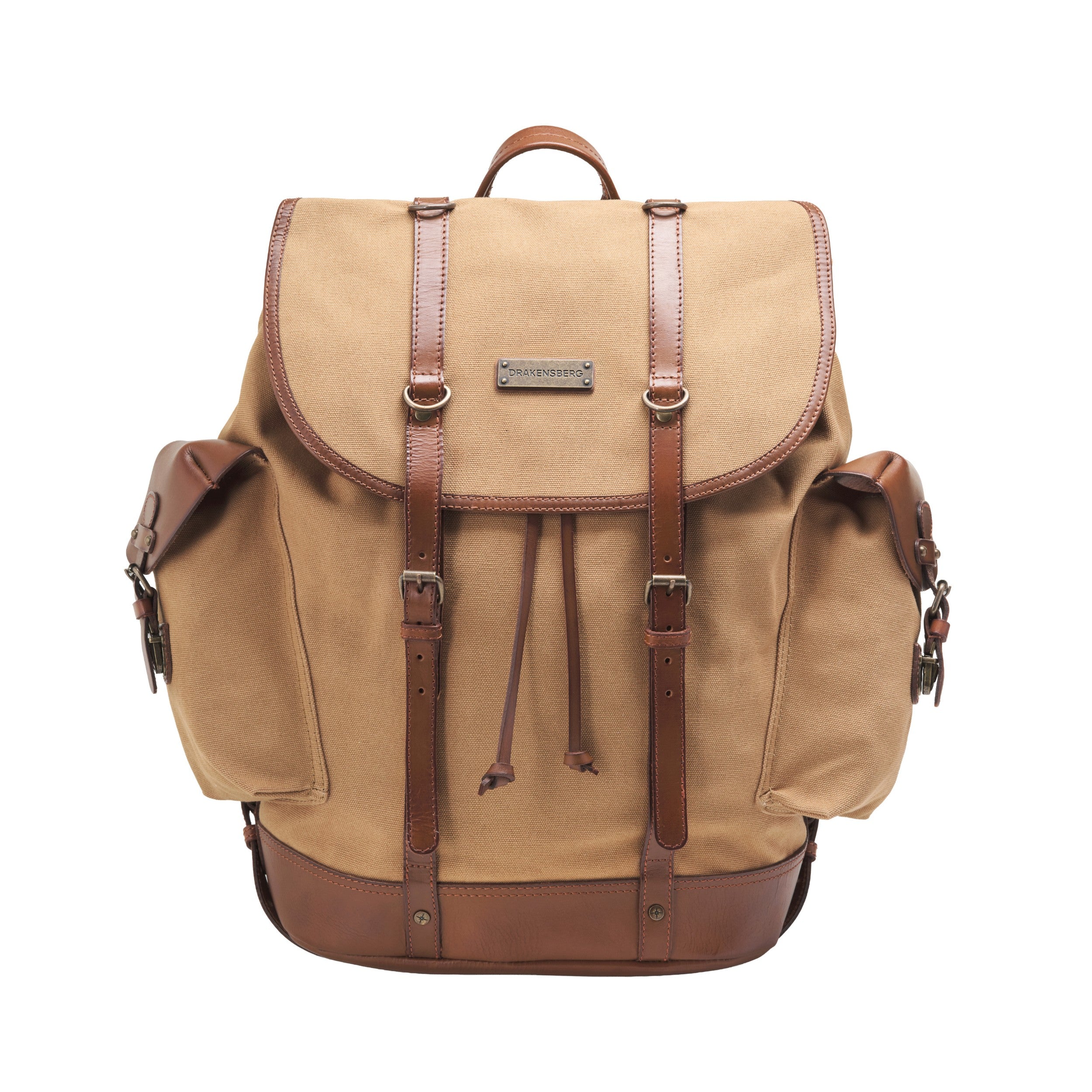 Klassischer Wanderrucksack im alpinen Vintagedesign, Khaki-Beige, Nato, bzw. Retro Bergsteiger Rucksack, handgefertigt aus Baumwoll-Canvas mit Echtleder Elementen, Design-Ikone - Frontale Ansicht