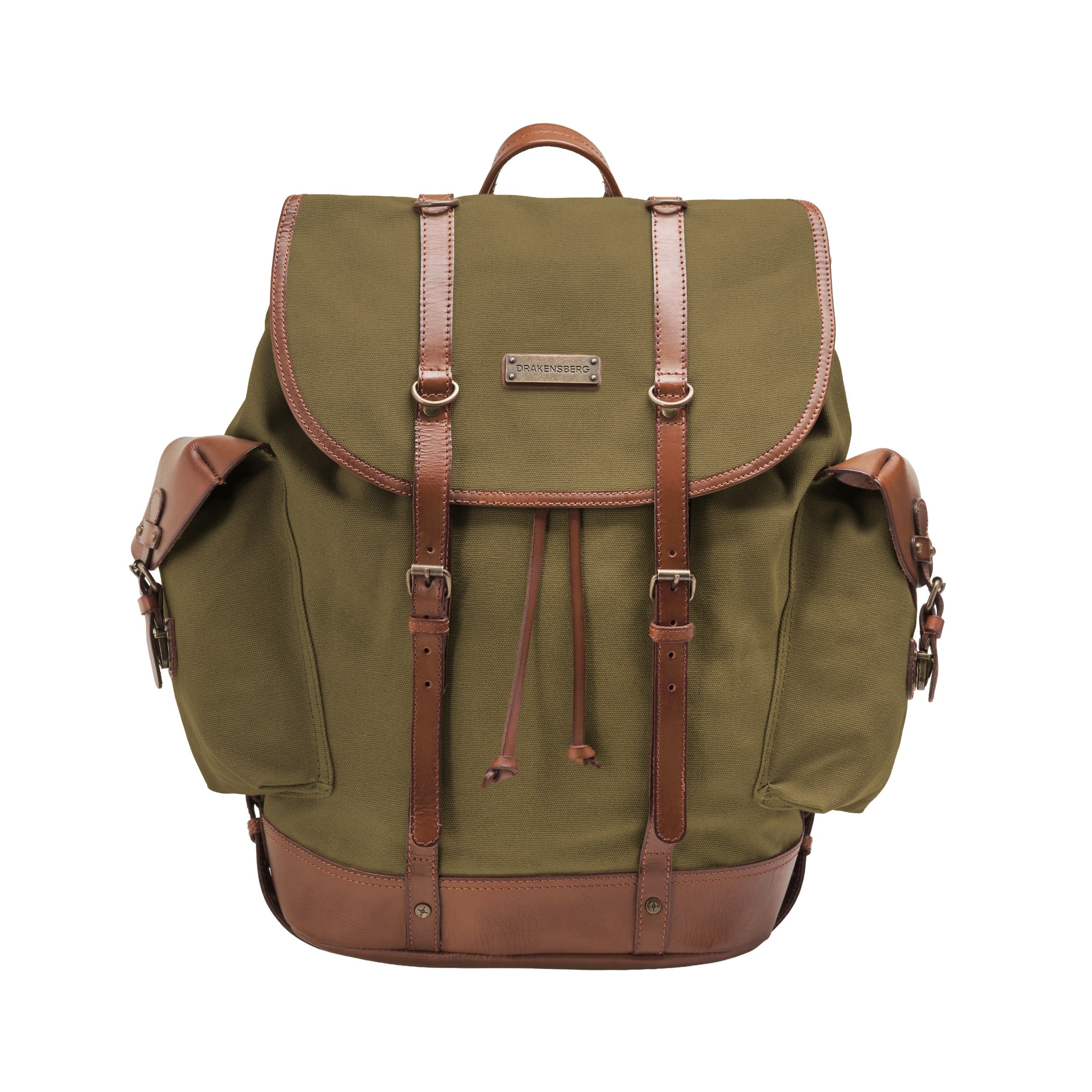 Klassischer Wanderrucksack im alpinen Vintagedesign, Oliv-Grün, Nato, bzw. Retro Bergsteiger Rucksack, handgefertigt aus Baumwoll-Canvas mit Echtleder Elementen, Design-Ikone - Frontale Ansicht