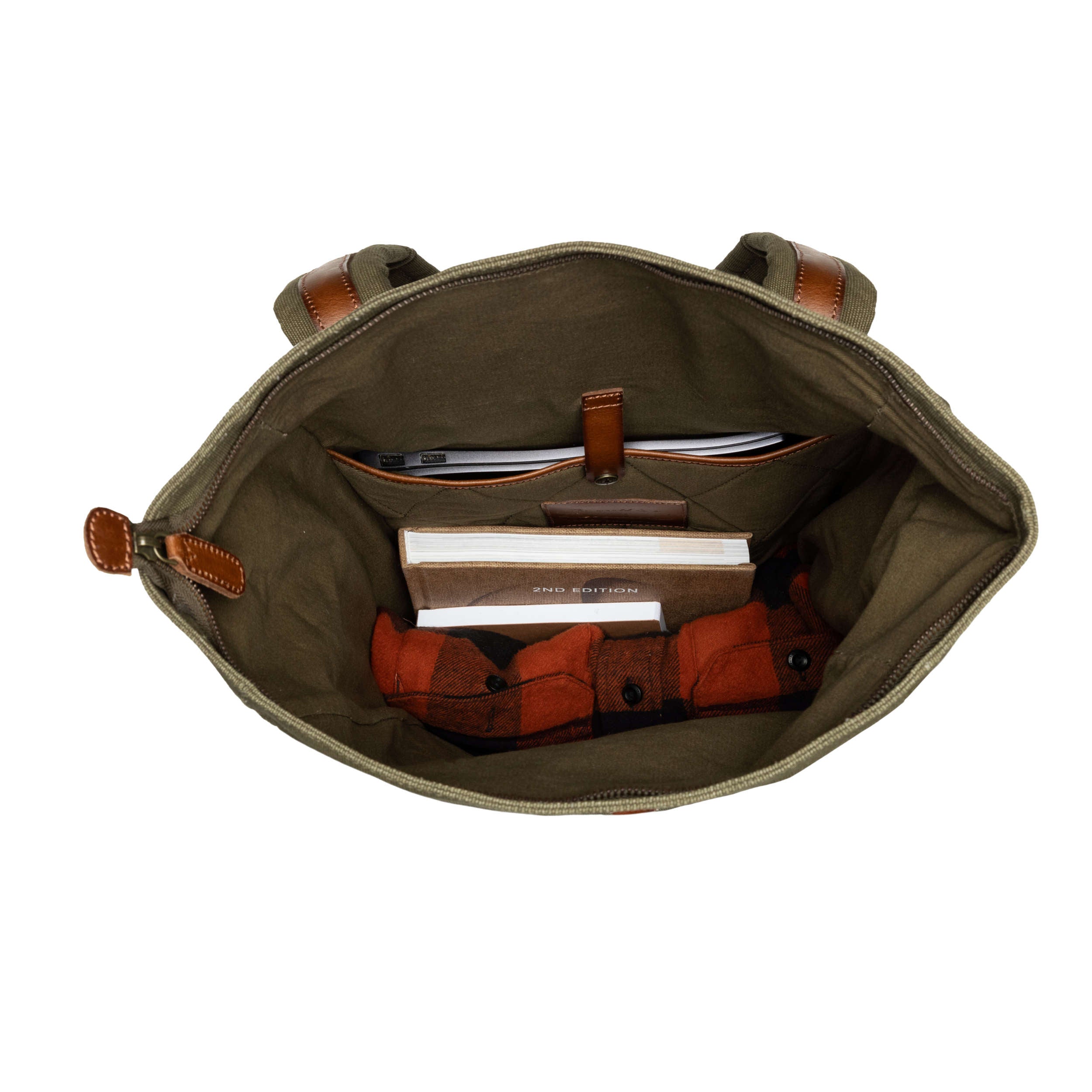 Innenfach von Canvas Rucksack Wyatt mit 15" Laptopfach und Platz für DIN A4 Ordner und Kleidung, olivgrün
