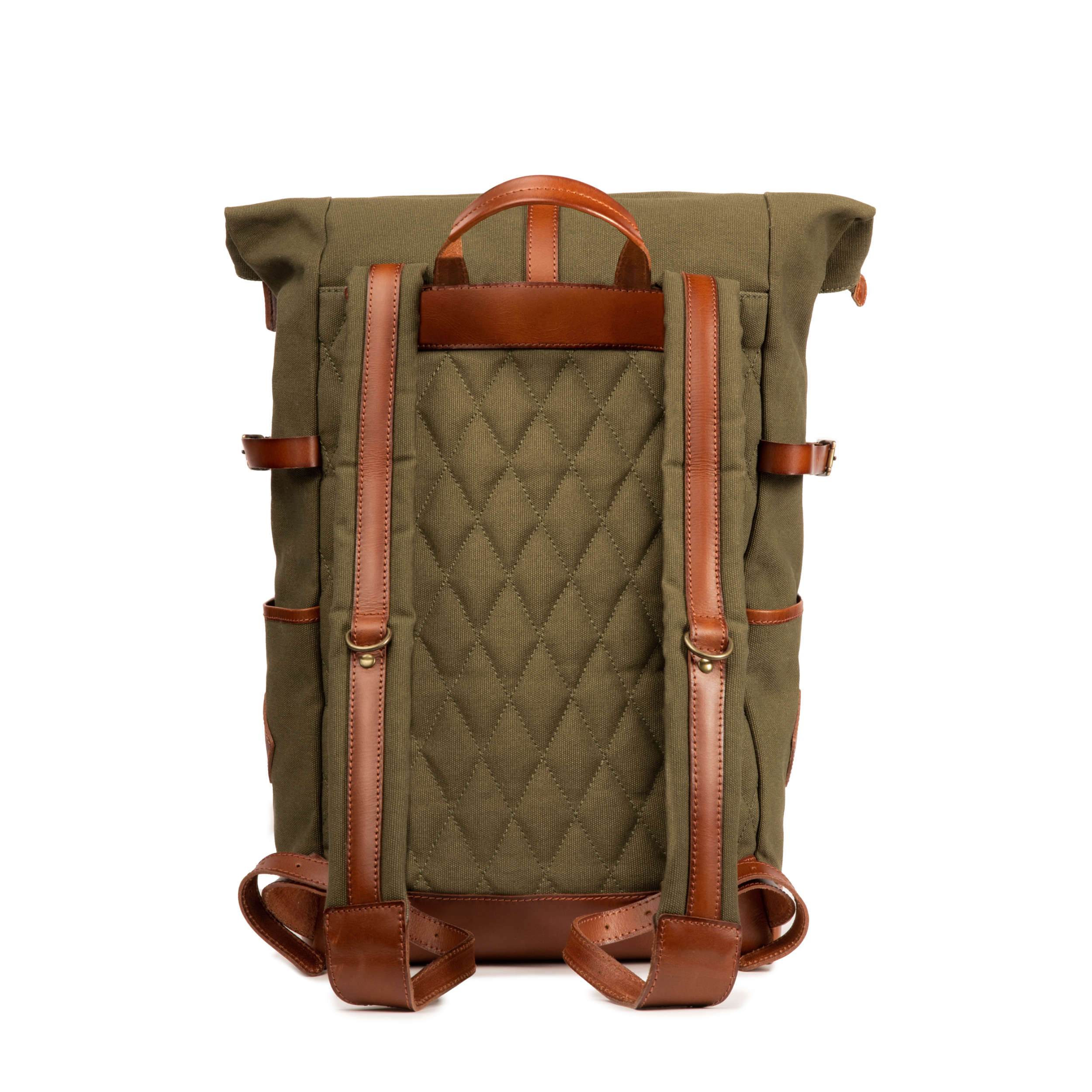 Rucksack Canvas Wyatt mit Leder für Herren und Damen, olivgrün, Rückseite mit Rauten-Steppung und Polsterung