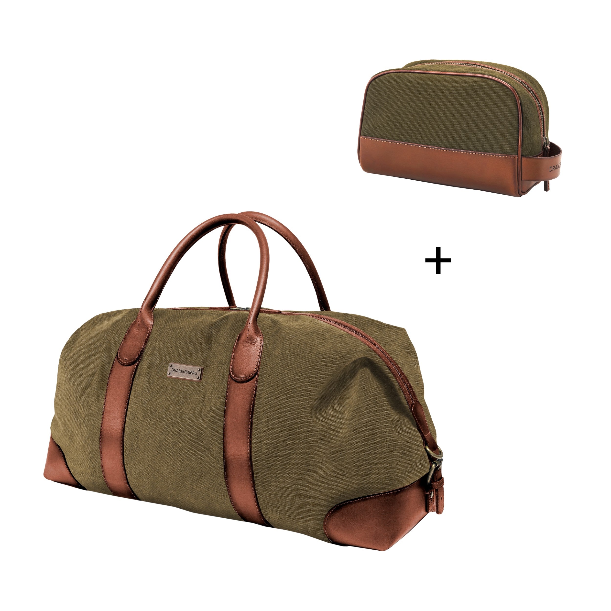 Set Bundle aus Reisetasche und Kulturbeutel - Weekender David in 60cm mit Kulturtasche Glen in Oliv-Grün aus wasserabweisendem Baumwoll-Canvas und Büffelleder - Hauptbild