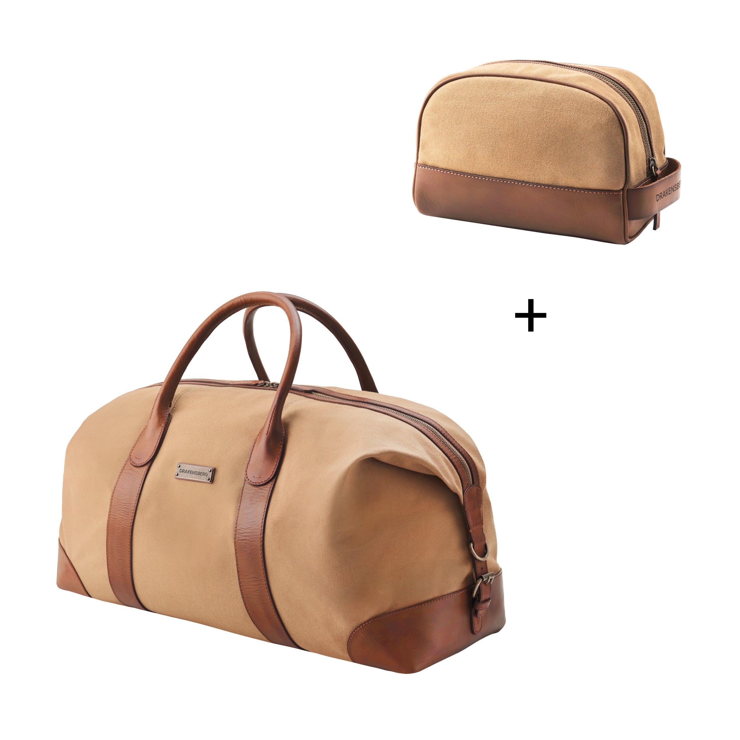 Set Bundle aus Reisetasche und Kulturbeutel - Weekender David in 60cm mit Kulturtasche Glen in Khaki-Beige aus wasserabweisendem Baumwoll-Canvas und Büffelleder - Hauptbild