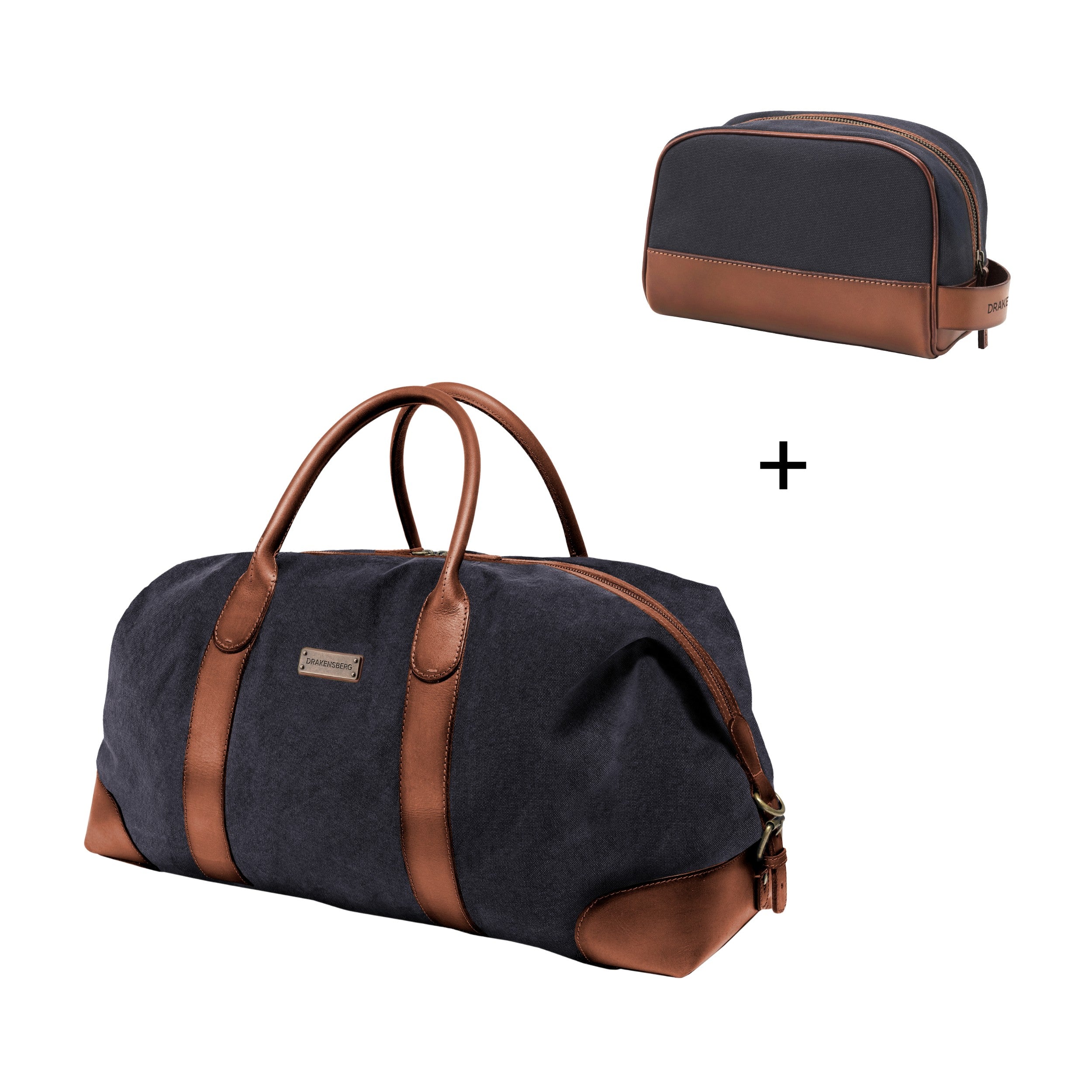 Set Bundle aus Reisetasche und Kulturbeutel - Weekender David in 60cm mit Kulturtasche Glen in Marine-Blau aus wasserabweisendem Baumwoll-Canvas und Büffelleder - Hauptbild