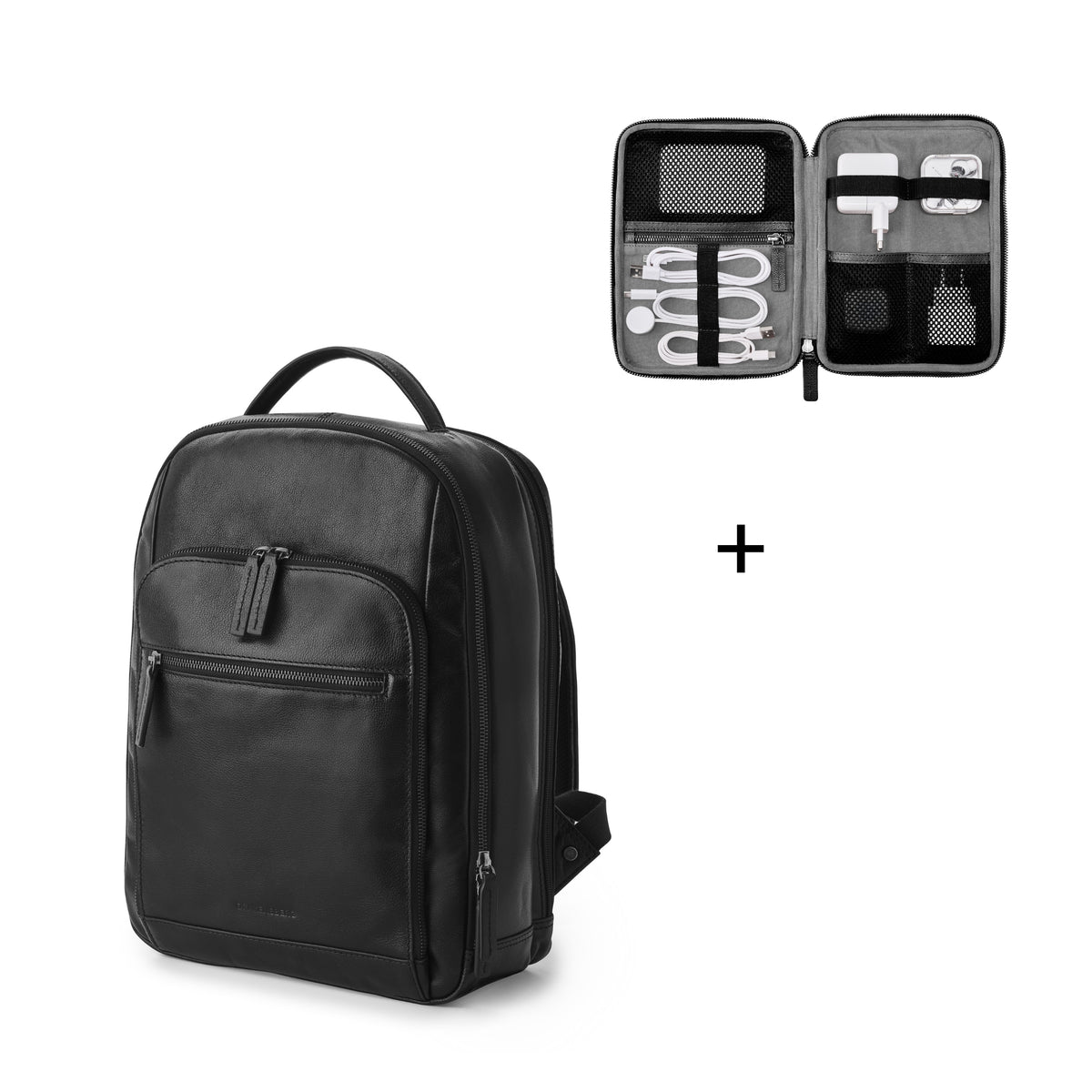 Backpack »Frederico« & Cable Organiser »Porto« – Black – two-piece leather set