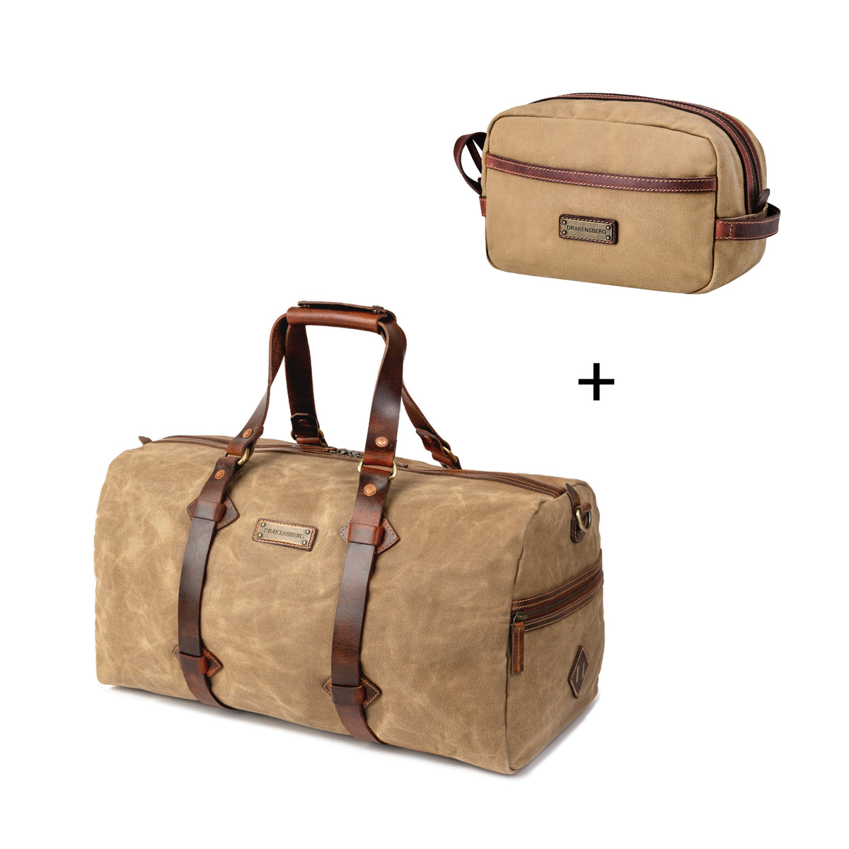 Sac week-end »Cody« & Trousse de toilette »Liam« – Sable kaki – ensemble en toile cirée et cuir