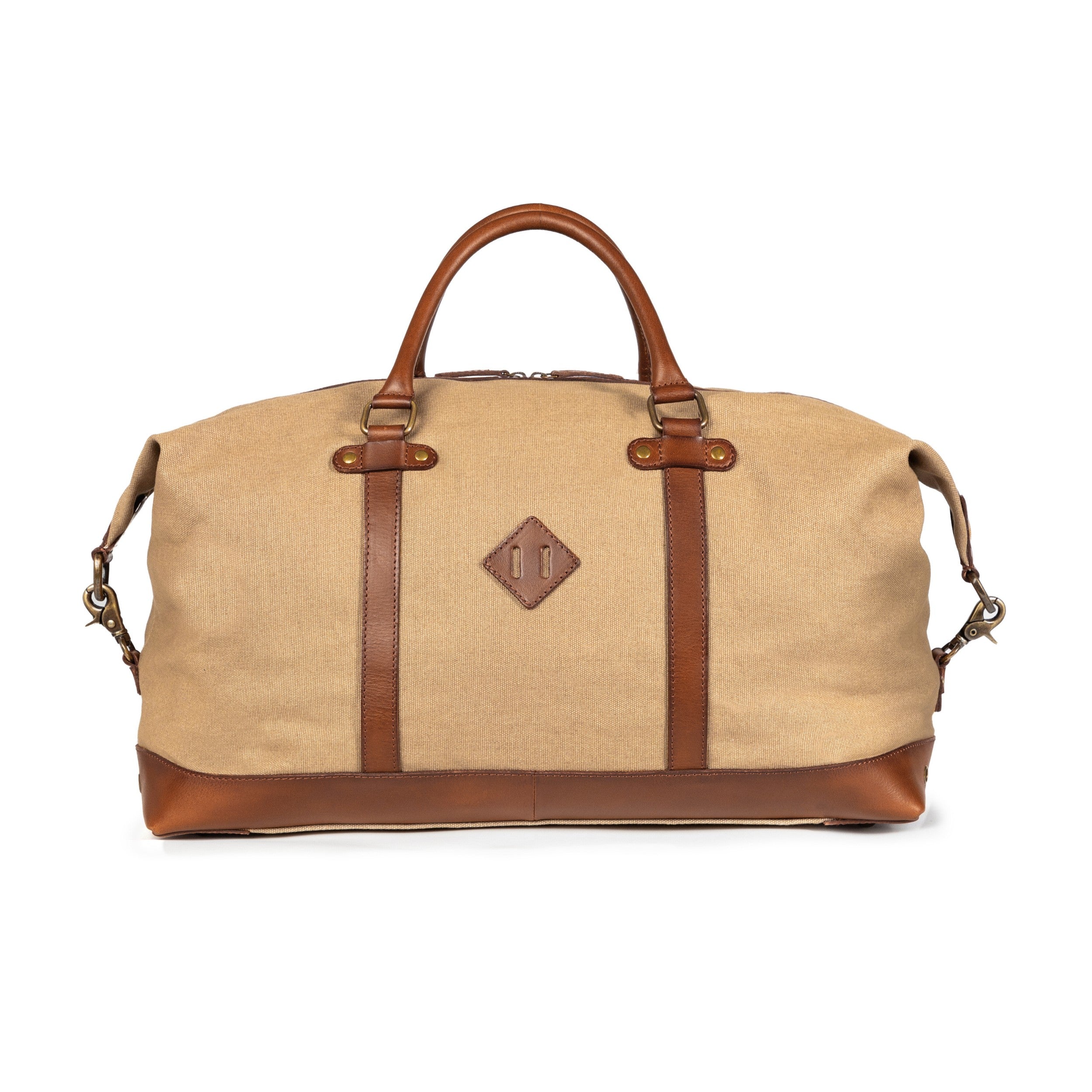 Canvas Weekender und Reisetasche Owen Khaki-Beige, wasserabweisend von DRAKENSBERG für Herren und Damen - Rückseite mit Leder-Elementen