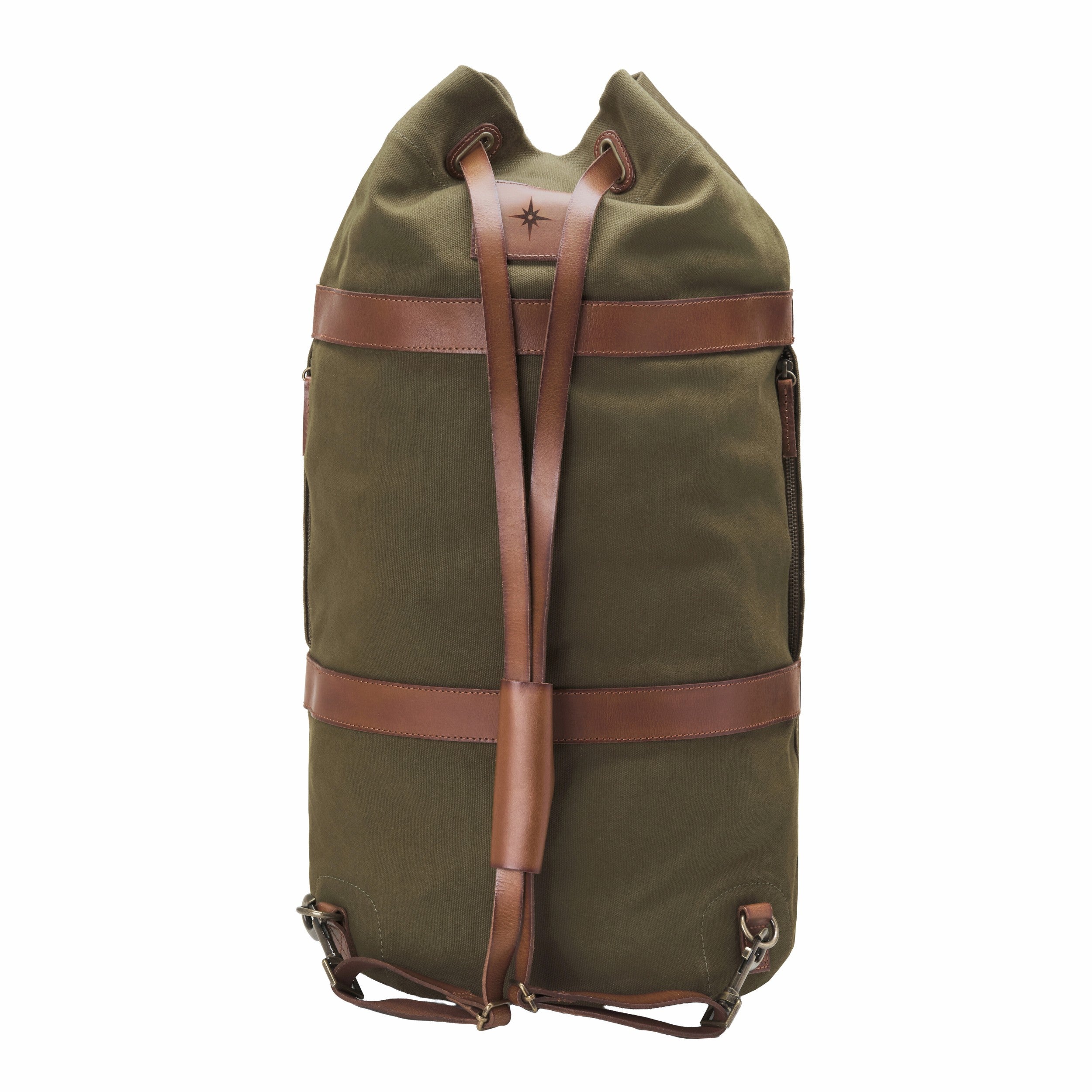 DR00125 - Großer Seesack »Robin« (L) und Rucksack aus Baumwolle und Leder | Oliv-Grün, Rückseite mit Tragegurten