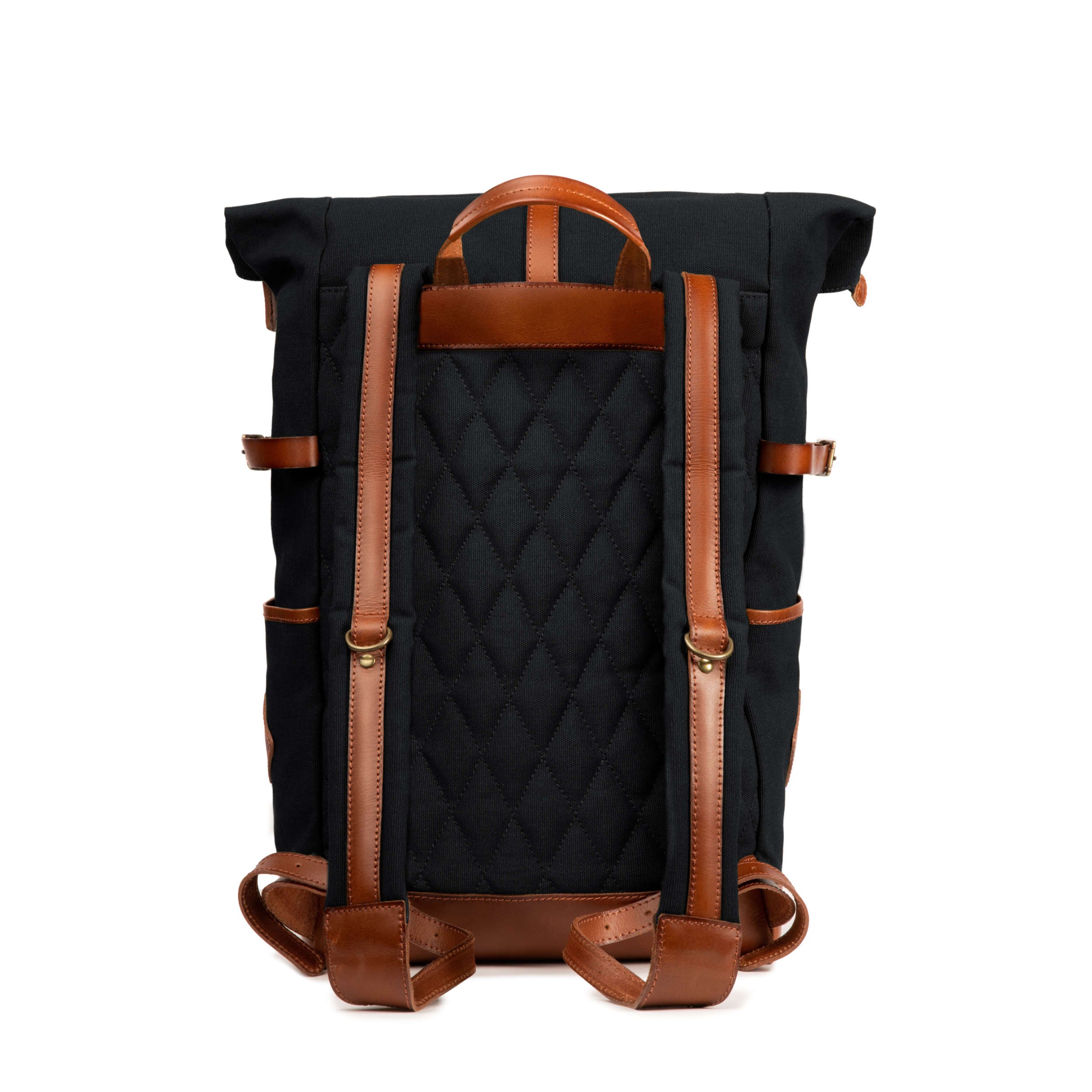 Rucksack Canvas Wyatt mit Leder für Herren und Damen, schwarz, Rückseite mit Rauten-Steppung und Polsterung