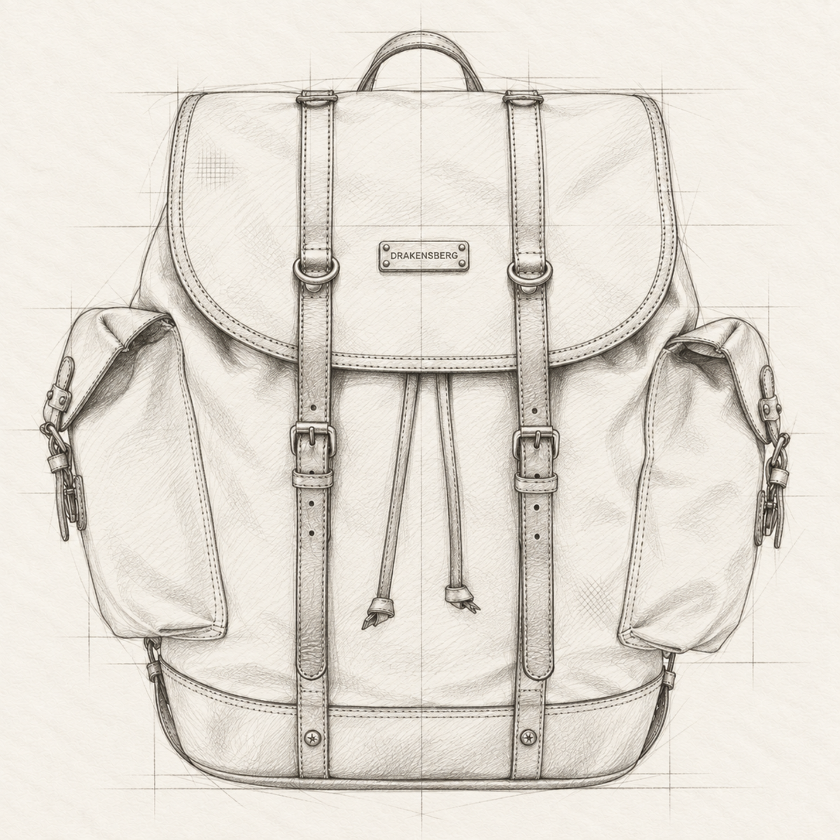 Construction sketch of the Henry backpack with a large flap, leather straps and two outer pockets.