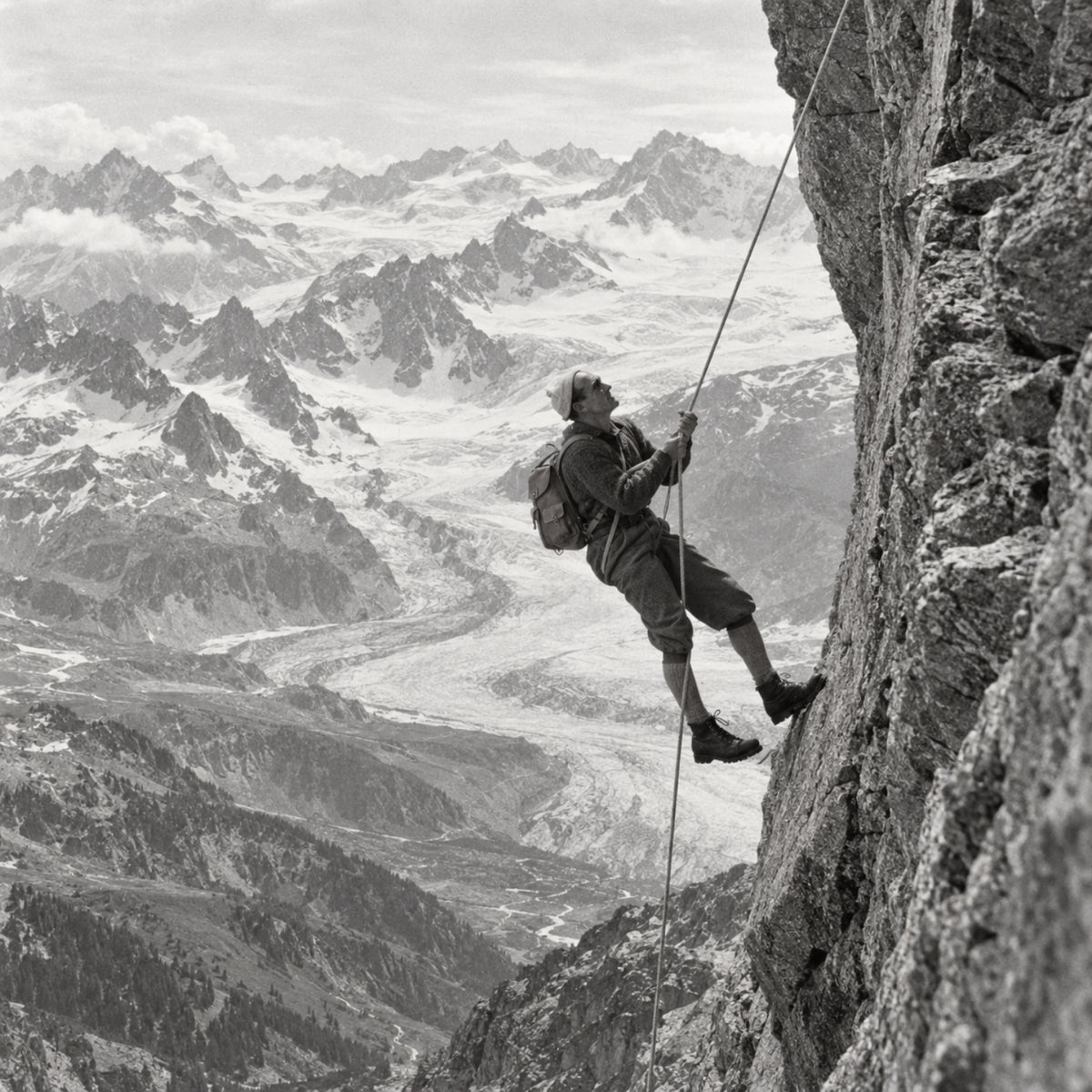 Schwarz-Weiß-Motiv eines Bergsteigers mit Rucksack an einer Felswand vor einer Berglandschaft