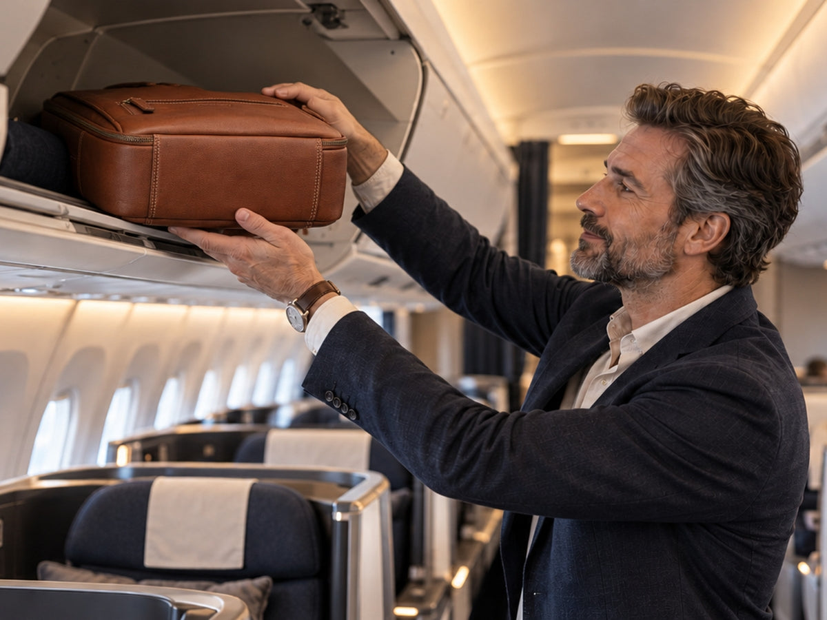 Voyageur rangeant un sac à dos Armando en cuir marron dans le compartiment à bagages d'un avion