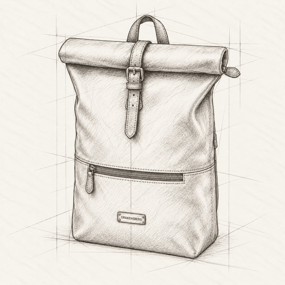 Konstruktionszeichnung des Rolltop-Rucksacks Ryan aus Leder